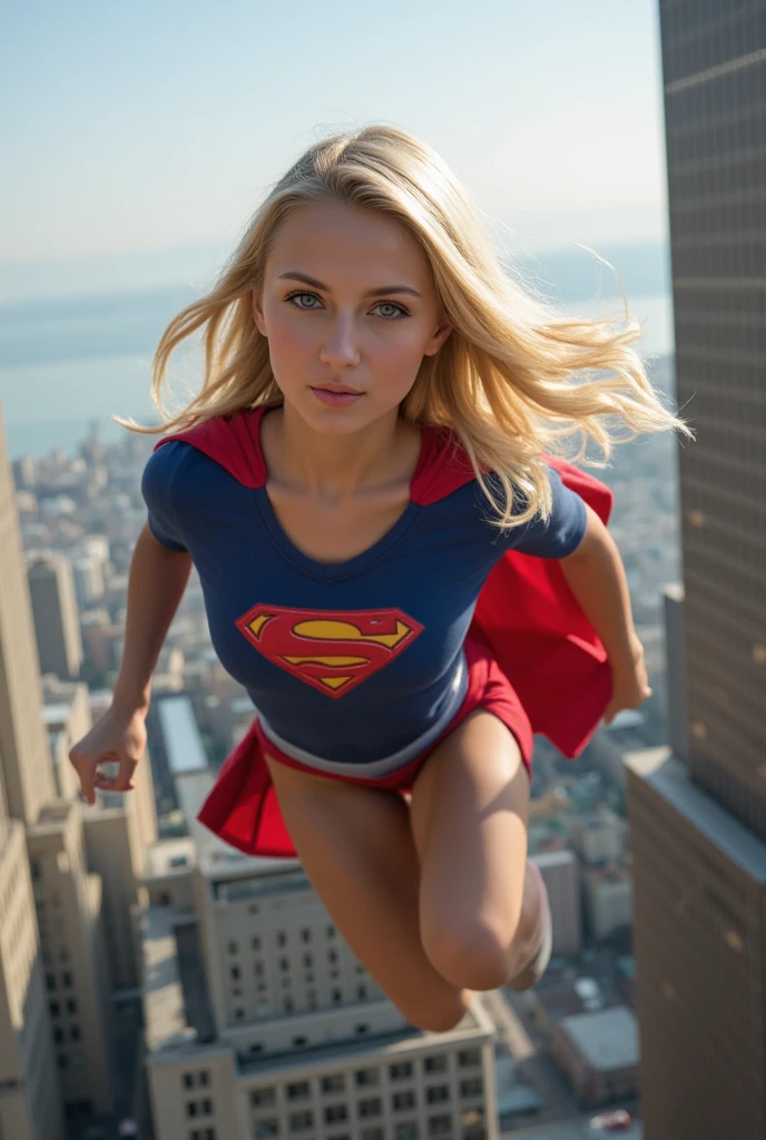 masterpiece, exquisite, {Girl hermosa y meticulosa}, Supergirl, 1_Girl, Beck, la Girl blanca de 18 años, She has dirty blonde hair, blue eyes, and noticeably pale skin, surprised face, shy smile . she has such a fair complexion, long blonde hair, long bangs in front, the ends are at the level of your eyebrows. She has a slim figure with smaller breasts and narrow hips..... Wearing a BREAK Supergirl suit. Includes a white transparent blouse (marked nipples), She also wears a short blue pleated skirt, Wear gloves, ROMPER high boots in plain white... (that lace on the front). He also wears thick white socks that reach below his calves..... upper body portrait, buttock in the air, without underwear, without pants, marked nipples,(the wind lifts the skirt), neckline, dynamic, ultra high definition, 32K, (perfect anatomy:1.5), perfect legs, in the style of Artgerm and Adam Hughes, perfect arms, without underwear, Without trousers, upskirt, you can see a little of her vagina, blonde pubic hair, The skirt flutters in the wind、no panties、Wind Lifting Skirt, Outdoor location, (clouds, city, impressive view), flying in the air, sexy, big , no panties, Without trousers, standing, showing the tail, wet vagina, very visible anus, Views from below