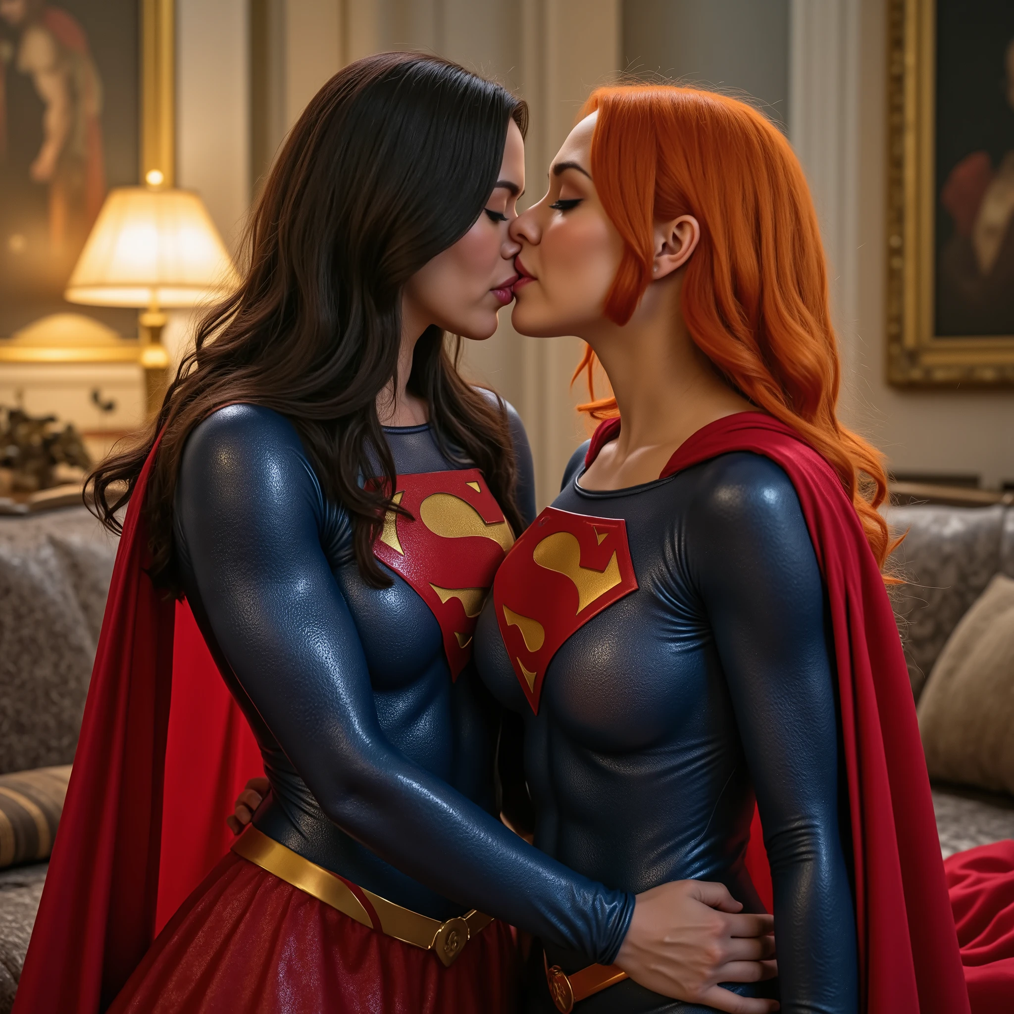 2 SUPERGIRLS. A SEXY ASIAN GRIL WITH LONG BLACK HAIR WEARING A SUPERGIRL COSTUME AND CAPE SITTING ON THE COUCH KISSING/PRESSING (LIPS LOCKED) A SEXY ASIAN GIRL WITH ORANGE/RED HAIR WEARING A SUPERMAN SUIT AND CAPE. (ASS AND BOOB GRABBING).4K, 8K, SUPER DETAILED, SUPER HIGH RES. CRYSTAL CELAR IMAGE, CLEAN CRISP ART. 4K, 8K, SUPER DETAILED, SUPER HIGH RES. CRYSTAL CELAR IMAGE, CLEAN CRISP ART. LONG CAPES, LARGE "S" EMBLEM. STEAMY SEXY KISSING SCENE