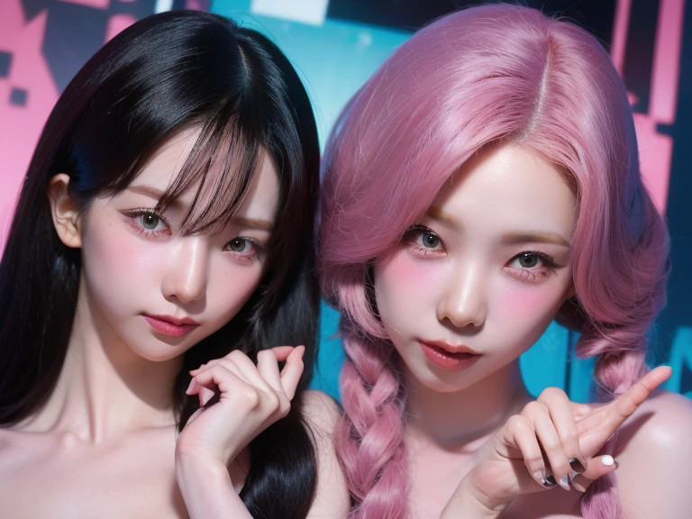 A pair of twins，Cute Korean singer girl，Take photos at night，The background is the hotel，Two girls having in bed，facing each other，Chest to chest，Wear black underwear，Cute real girl with big breasts，Dew，Blue hair and pink hair，erogenous，Realistic Korean girl，female student，cute schoolgirl，looking at the viewers，Choker