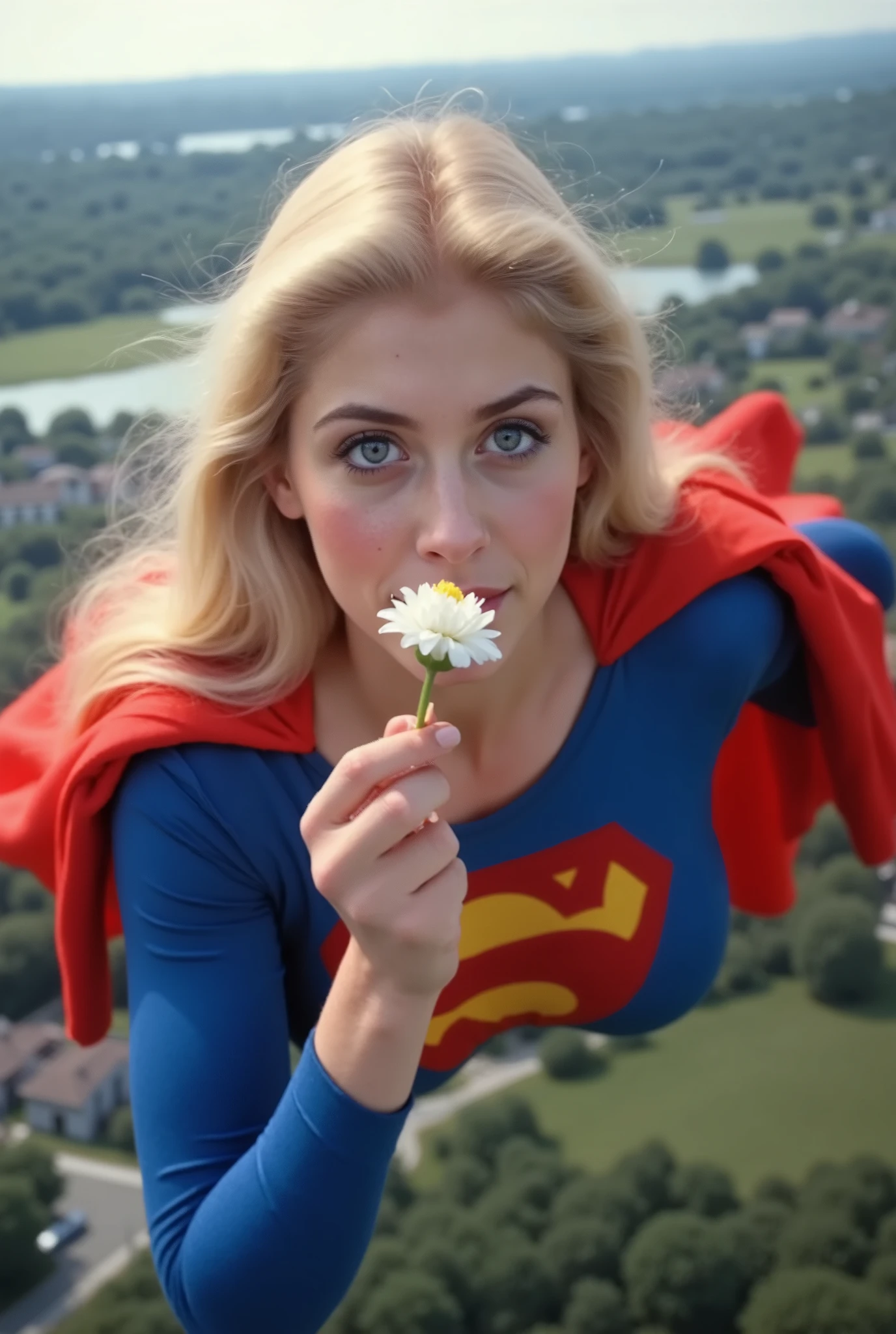 GRACEFULLY SOARING HIGH ABOVE THE CITY HOLDING A FLOWER UP TO HER NOSE AND SMELLING IT. HELEN SLATER. BLUE EYES BLONDE HAIR (SUPERGIRL) A VERY SEXY AND MUSCULAR YOUNG FEMALE NAMED ABIGAIL AS SUPERGIRL WITH BLUE EYES AND LONG HAIR, WEARING A SUPERGIRL COSTUME AND CAPE. RICH 4K COLORS, 8K DETAILS. LIGHT BLUE EYE