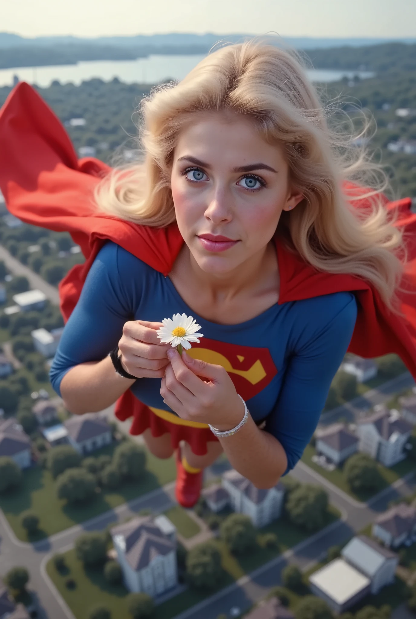 GRACEFULLY SOARING HIGH ABOVE THE CITY HOLDING A FLOWER UP TO HER NOSE AND SMELLING IT. HELEN SLATER. BLUE EYES BLONDE HAIR (SUPERGIRL) A VERY SEXY AND MUSCULAR YOUNG FEMALE NAMED ABIGAIL AS SUPERGIRL WITH BLUE EYES AND LONG HAIR, WEARING A SUPERGIRL COSTUME AND CAPE. RICH 4K COLORS, 8K DETAILS. LIGHT BLUE EYES, HER SUPERGIRL BOOTS DANGLING IN THE AIR GRACEFULLY.