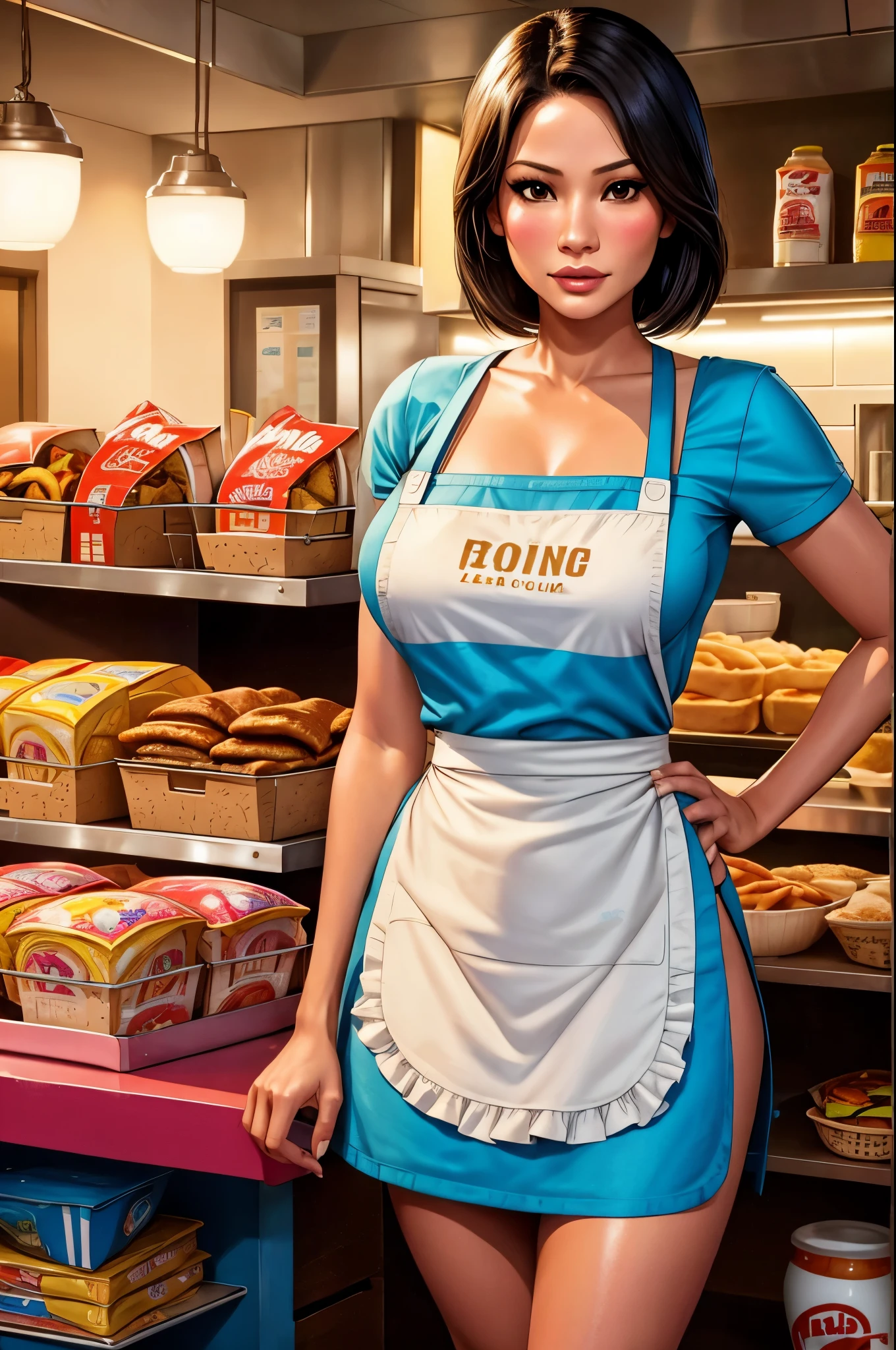 A busty female waiter holding a plate, beef omelette, (cleavage), pixel art style:1.1, close up, best quality, highly detailed, masterpiece