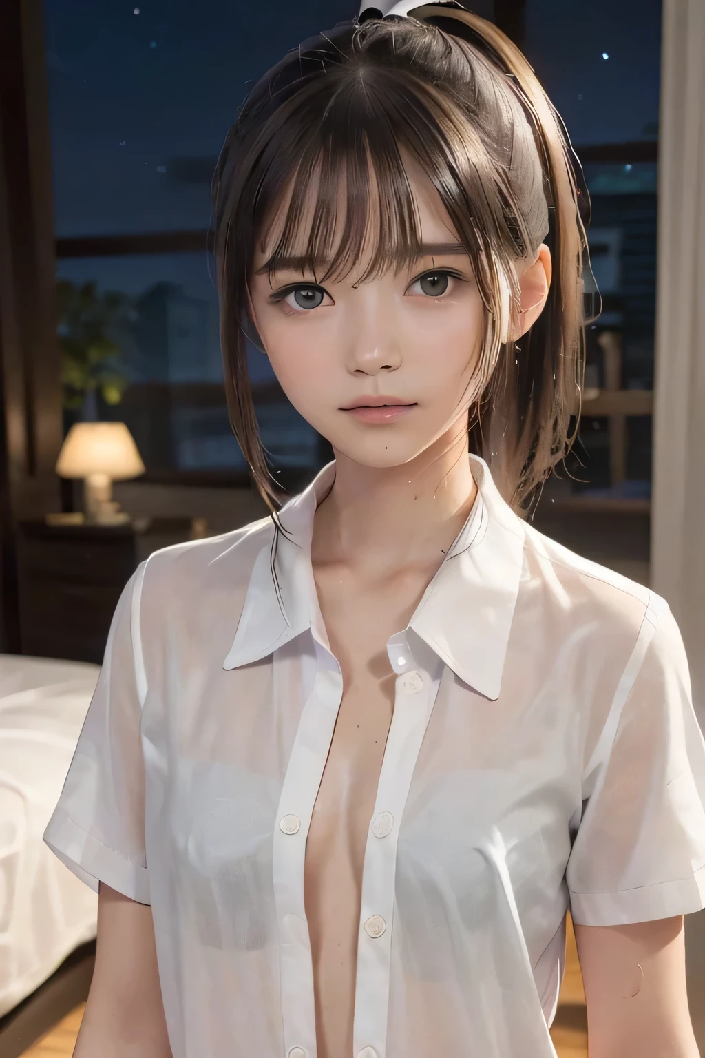 (8k, RAW photo, photorealistic:1.25), (looking at viewer, Messy, disheveled wet Hair, wet short ponytail hair:1.8), (lip gloss, eyelashes, Shiny surface, Glossy Skin, best quality, ultra highres, allows depth of field, Color Difference , caustics, blow lighting , Natural Shading, kpop idol), (cleavage, flat chest, naked white shirt, nude, short sleeve shirt, Unbuttoned shirt:1.7), crying, tears, tearing, sadness, (dark background, indoor, double bed, dark small bedroom, night view:1.4)