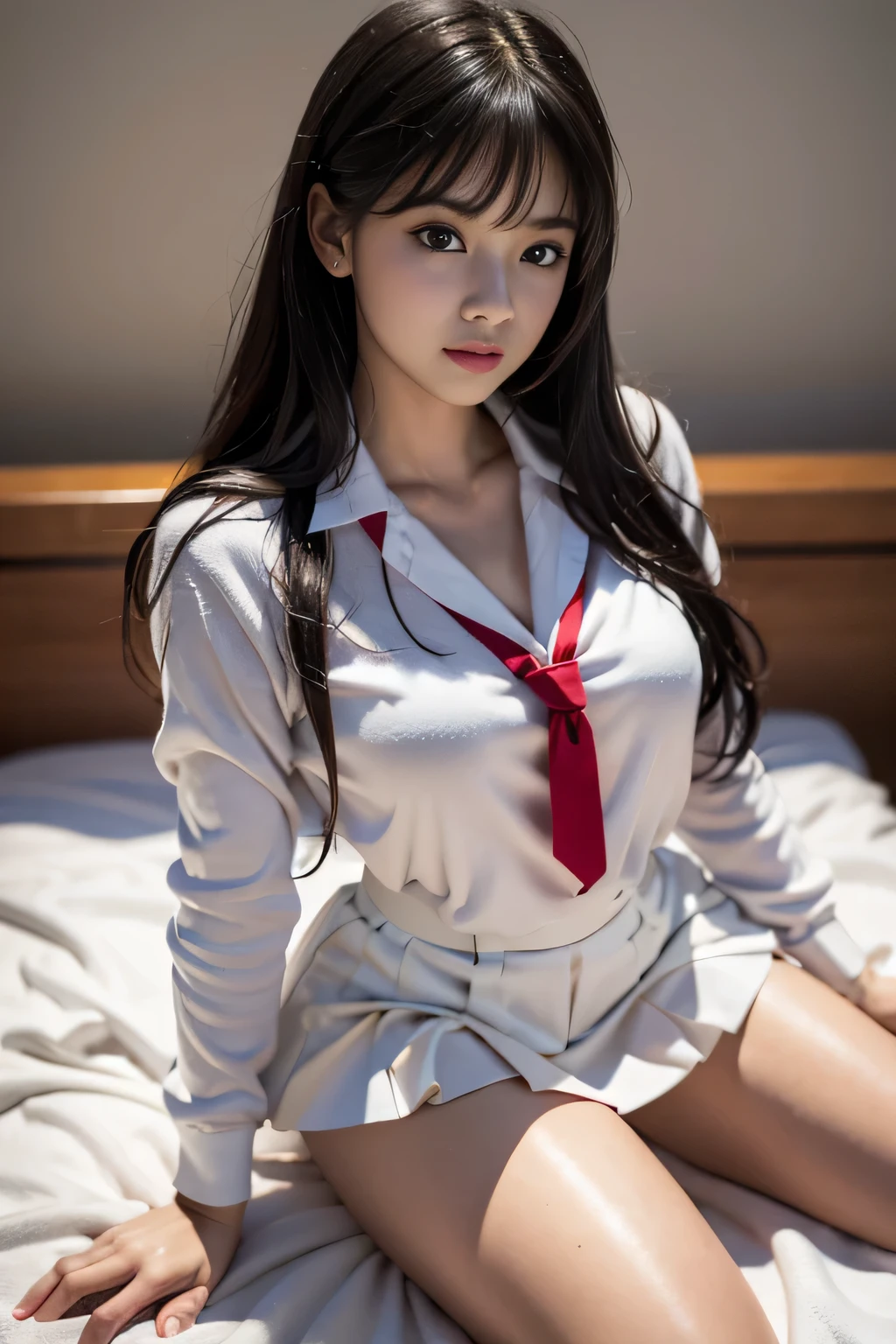 (spreading her legs for the camera:1.5)、(lying on your back on the bed:1.8)、（the skirt is turned up）、（I can see my pants:1.8）、((No makeup:1.2))、(open shirt:1.8)、（disheveled clothing）、(realistic、Photoreal、super detailed、best detailed skins、highest quality、masterpiece、Super high resolution)、cute japanese woman、17 years old、high school girl、young girl、1 girl、have bangs、double eyelid、purity、double teeth、realistic肌タイプ、fluffy hair、red cheeks、(School uniform shirt）、white shirt with long sleeves and collar、（Dark blue skirt）、（Girly room）、bright atmosphere、8K RAW photo、High resolution、(very big round breasts:1.2)、beautiful eyes、detailed eyes、drawn in detail、long eyelashes、美しいdouble eyelid、beautiful and very thin legs、（Beautiful and very thin thighs）,simple necklace、nude short skirt、Quite embarrassed look、red cheeks,duck mouth、evil sex smile、evil sex look、beautiful and very thin legs、Beautiful and very thin thighs,（Angle from directly above）、Detached tie, masturbation, climax squirting, wet vagina, wet breast, masturbation with dildo, charming face climax masturbating. 