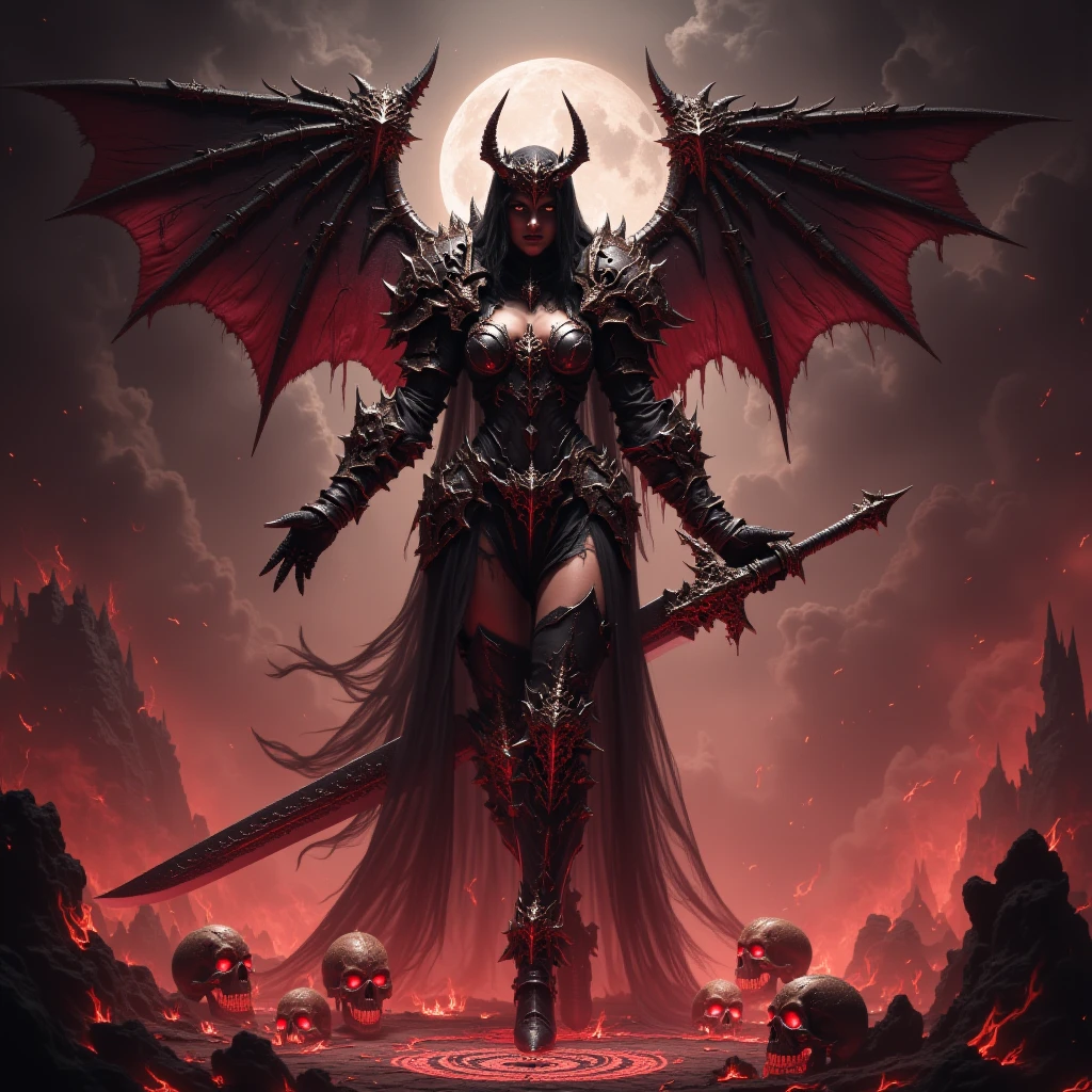 devil,wing,\(Conceptual design\),Half of the organism is made of magma material,Smooth transition,(glowing),lim light,masterpiece,best details,8K,Sharp focus,ray tracing,A female demon with bat wings and sharp claws, holding two daggers, stands in front of the moonlight. She has dark skin, red eyes, and horns on her head, wearing black armor surrounded by darkness. Her posture is strong with a full body shot in the style of a game illustration. The background is simple with fantasy art style using simple lines and solid color blocks with low saturation colors and soft lighting effects.
