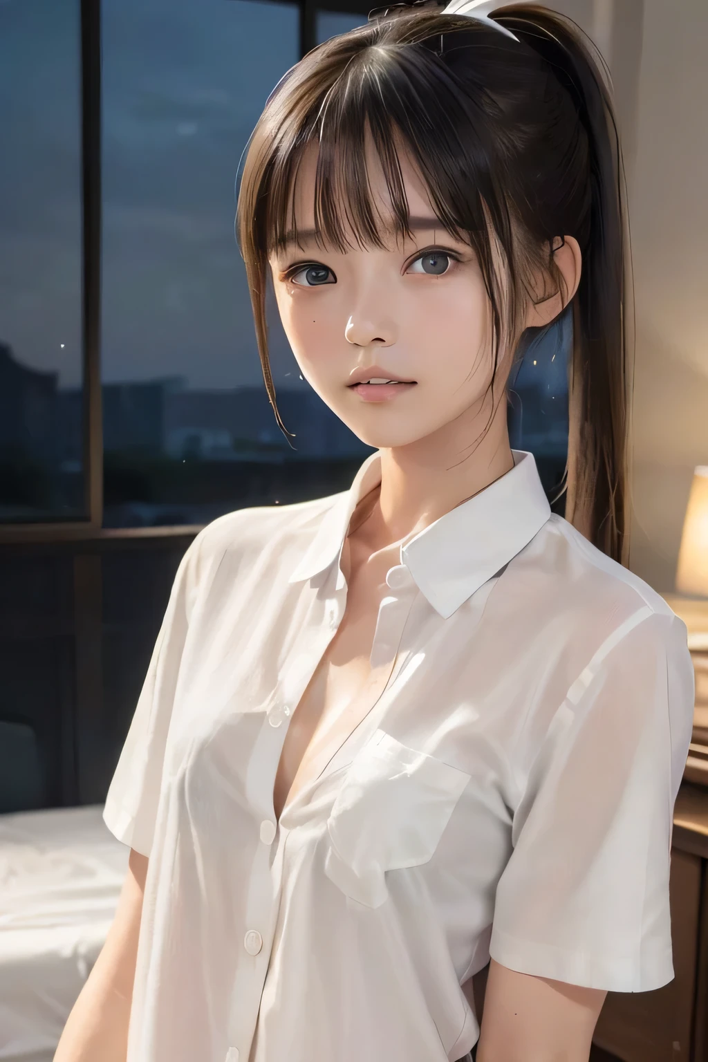 (8k, RAW photo, photorealistic:1.25), (looking at viewer, Messy, disheveled wet Hair, wet short ponytail hair:1.8), (lip gloss, eyelashes, Shiny surface, Glossy Skin, best quality, ultra highres, allows depth of field, Color Difference , caustics, blow lighting , Natural Shading, kpop idol), (cleavage, flat chest, naked white shirt, nude, short sleeve shirt, Unbuttoned shirt:1.7), crying, tears, tearing, sadness, (dark background, indoor, double bed, dark small bedroom, night view:1.4)