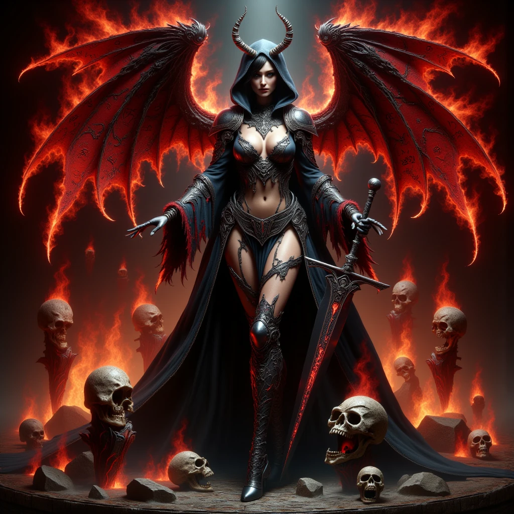 Ultra-detailed Rihanna stands atop a pile of burning ruins, Her diabolical and insidious presence radiating from her dark crown and black and red evil queen dress................................................................. Her demon wings on her back and demon horn give her an invincible aura as she unleashes a powerful wave of destruction with a single gesture................................................................................................................................