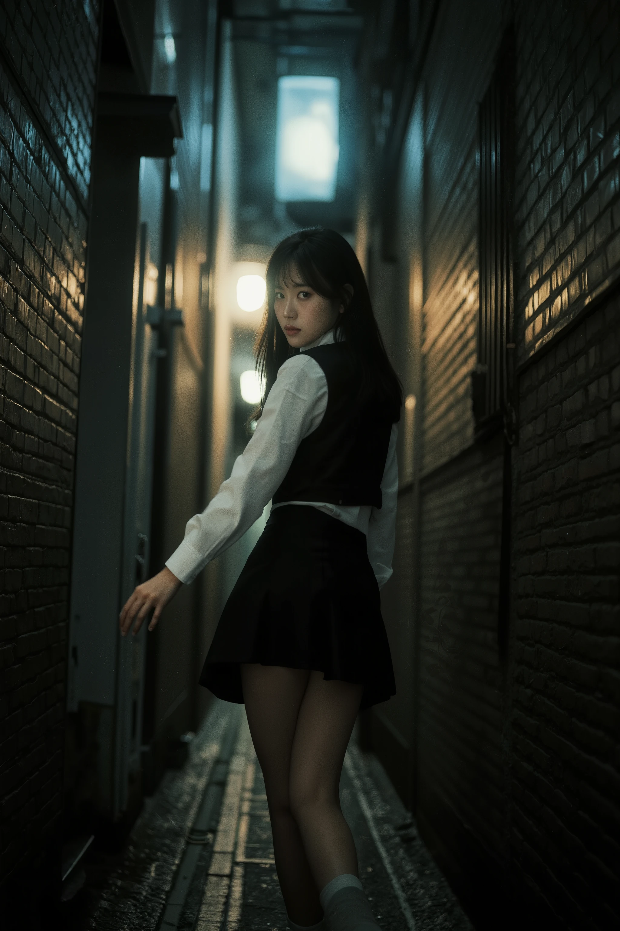 (ultra-realistic, 8K, highly detailed masterpiece:1.5), (narrow, dimly lit alleyway, enclosed and moody:1.4), (intense flash photography, harsh contrast, skin reflecting light:1.4), (breathtaking young Japanese woman, exuding urgency and allure:1.4), (wearing fitted uniform with flat short skirt:1.4), (mid-thigh framing, back view, in motion, turning back with piercing gaze:1.4), (low-angle shot, depth and tension:1.3), (cinematic street photography, high-fashion aesthetics:1.3)