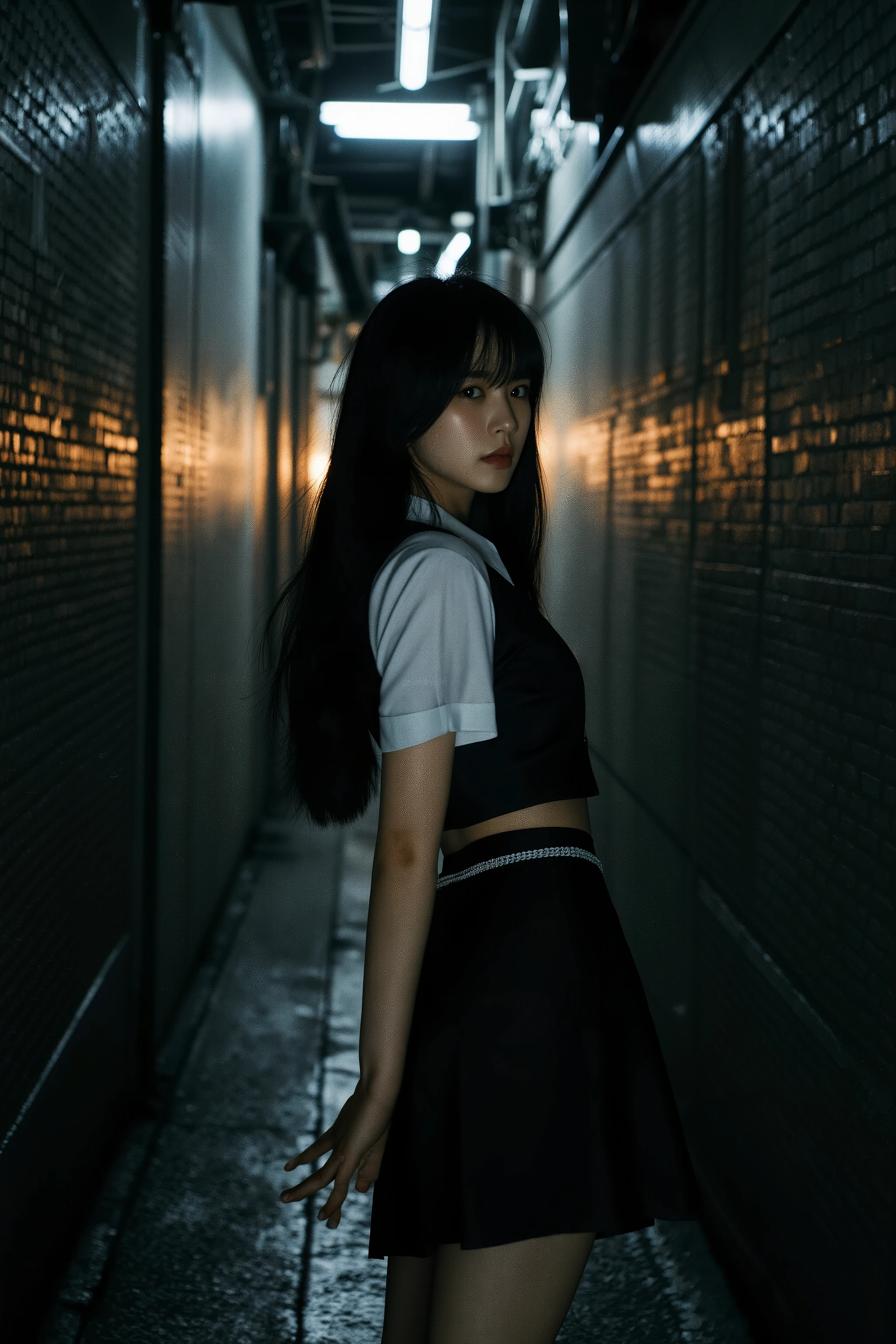(ultra-realistic, 8K, highly detailed masterpiece:1.5), (narrow, dimly lit alleyway, enclosed and moody:1.4), (intense flash photography, harsh contrast, skin reflecting light:1.4), (breathtaking young Japanese woman, exuding urgency and allure:1.4), (wearing fitted uniform with flat short skirt:1.4), (mid-thigh framing, back view, in motion, turning back with piercing gaze:1.4), (low-angle shot, depth and tension:1.3), (cinematic street photography, high-fashion aesthetics:1.3)
