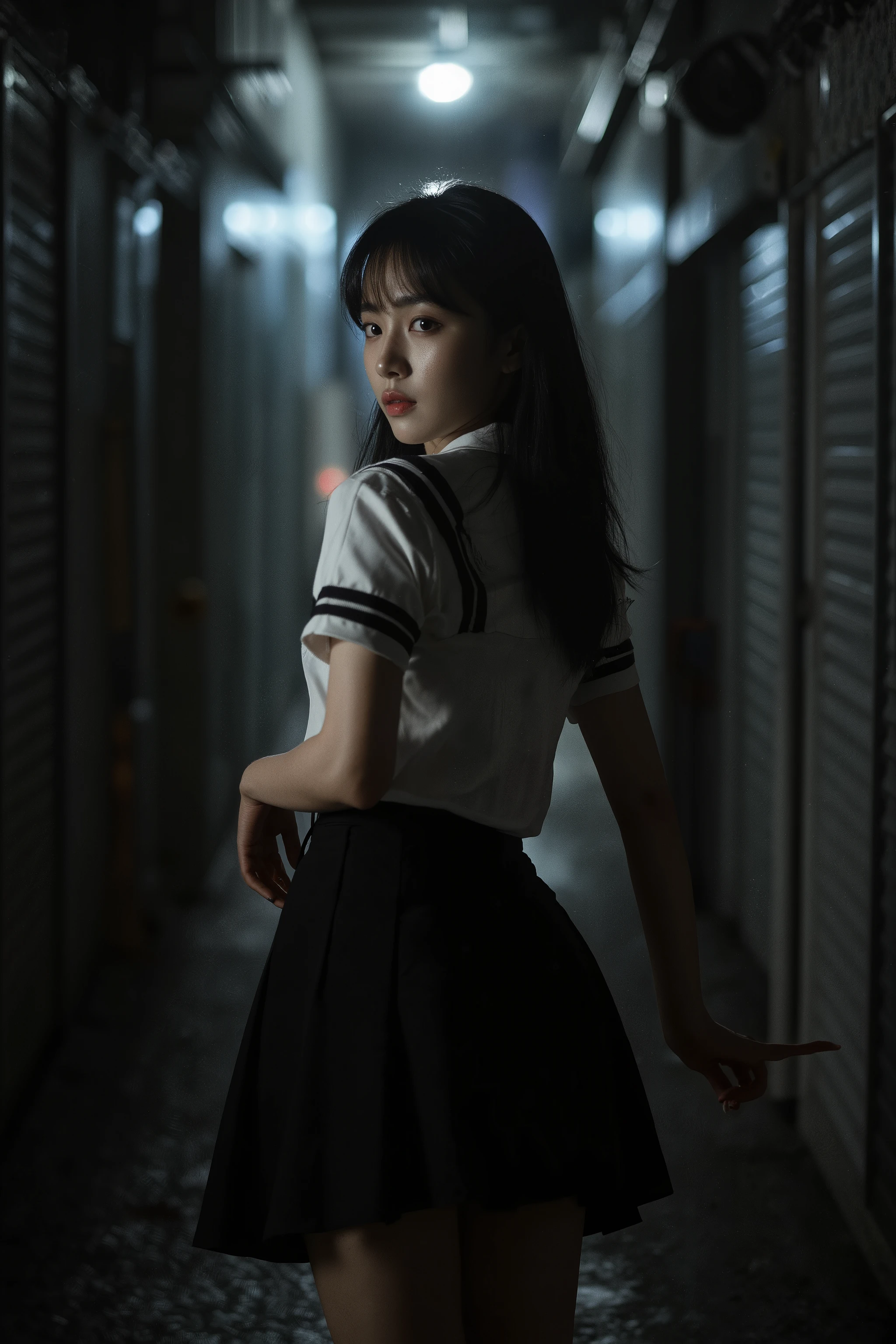 (ultra-realistic, 8K, highly detailed masterpiece:1.5), (narrow, dimly lit alleyway, enclosed and moody:1.4), (intense flash photography, harsh contrast, skin reflecting light:1.4), (breathtaking young Japanese woman, exuding urgency and allure:1.4), (wearing fitted uniform with flat short skirt:1.4), (mid-thigh framing, back view, in motion, turning back with piercing gaze:1.4), (low-angle shot, depth and tension:1.3), (cinematic street photography, high-fashion aesthetics:1.3)