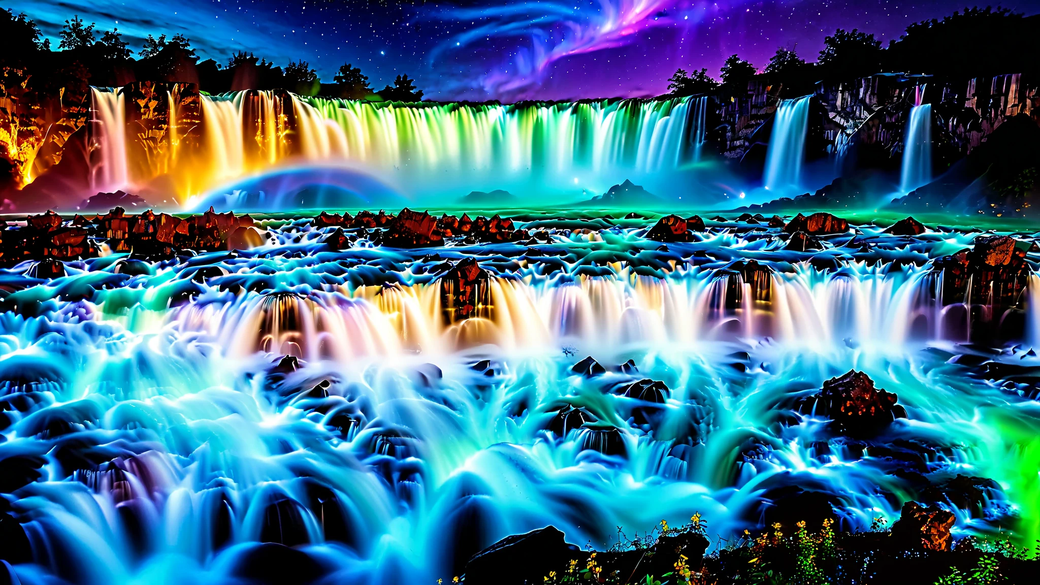 A masterpiece in 32K resolution ,   highest quality ,   very detailed,   high-resolution 32K wallpaper    ,  shot with a fisheye lens  ,  The flow of many layers of waterfall   , Niagara Falls ,  spectacular scale  ,   cobalt blue luminescent waterfall  ,Bird&#39;s Eye View,   rocks shine fluorescent green   ,  very detailedな特徴,   Amazing Details  .    spectacular waterfall that falls directly from the starry sky   ,   falling on metal   ,   shining cliff surface   .    sparkling blue and purple water   ,    holographic streams intertwine  .    bioluminescent flowers and trees at the bottom of the valley 々Scales like 々 magazine in photos ,   Its Leaves Reflect the Light of Water  .    floating light that envelops the scene   ,    mysterious addition   ,    create an otherworldly atmosphere    ., }  countless stars in the background   々 and galaxy clusters   ,Mysterious charm,   mysterious atmosphere,
