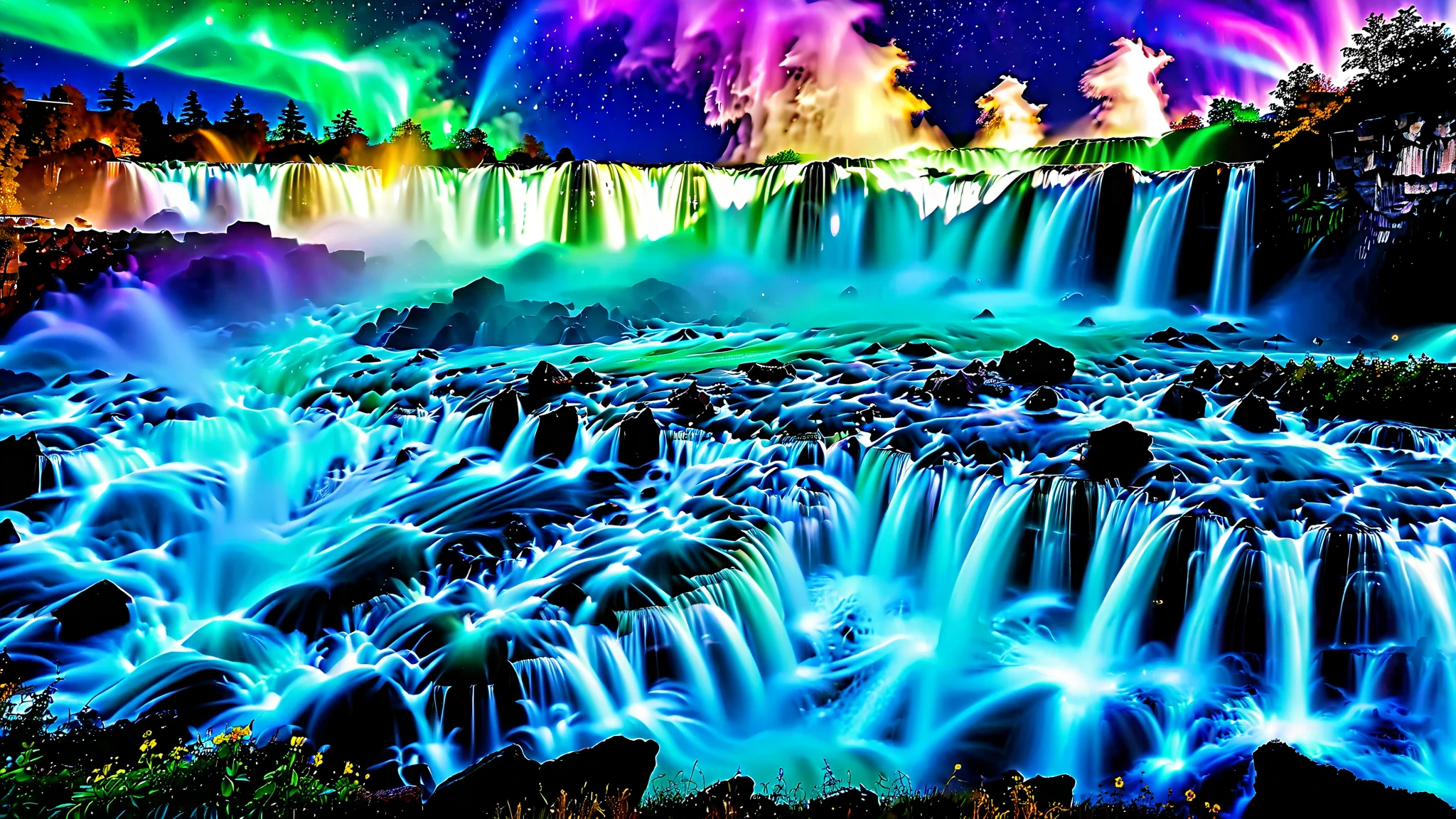 A masterpiece in 32K resolution , highest quality , very detailed, high-resolution 32K wallpaper , shot with a fisheye lens , The flow of many layers of waterfall , Niagara Falls , spectacular scale , cobalt blue luminescent waterfall ,Bird's Eye View, rocks shine fluorescent green , very detailedな特徴, Amazing Details . spectacular waterfall that falls directly from the starry sky , falling on metal , shining cliff surface . sparkling blue and purple water , holographic streams intertwine . bioluminescent flowers and trees at the bottom of the valley 々Scales like 々 magazine in photos , Its Leaves Reflect the Light of Water . floating light that envelops the scene , mysterious addition , create an otherworldly atmosphere ., } countless stars in the background 々 and galaxy clusters ,Mysterious charm, mysterious atmosphere,