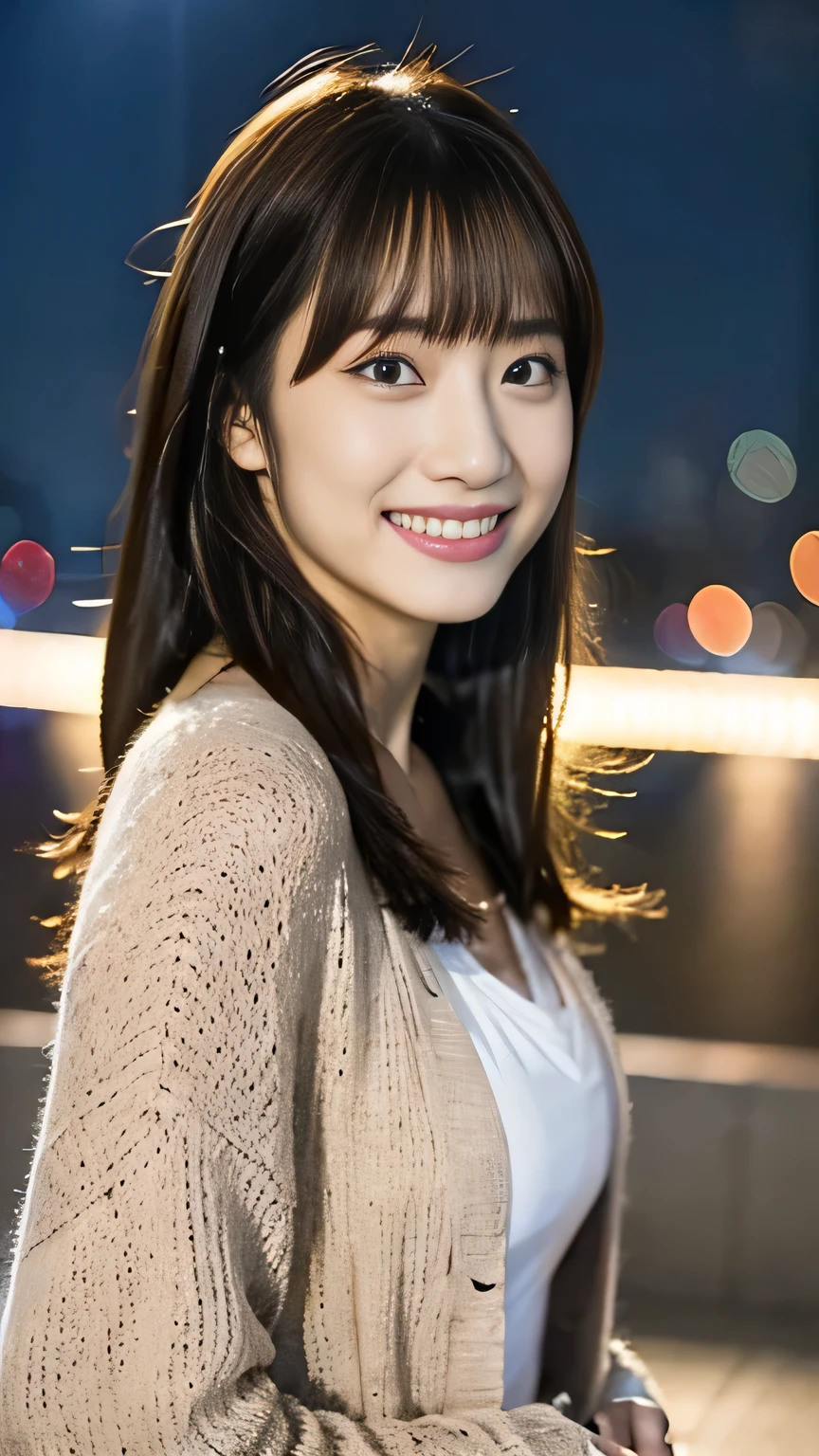 1 girl, solo, dress,cardigan long hair, bangs, ((highlight brown hair)),後ろで髪の毛を束ねる,
chest, smiles, Aperture F2.8, 8k octane , 3D rendering , night view, Disney 、手を差し伸べる