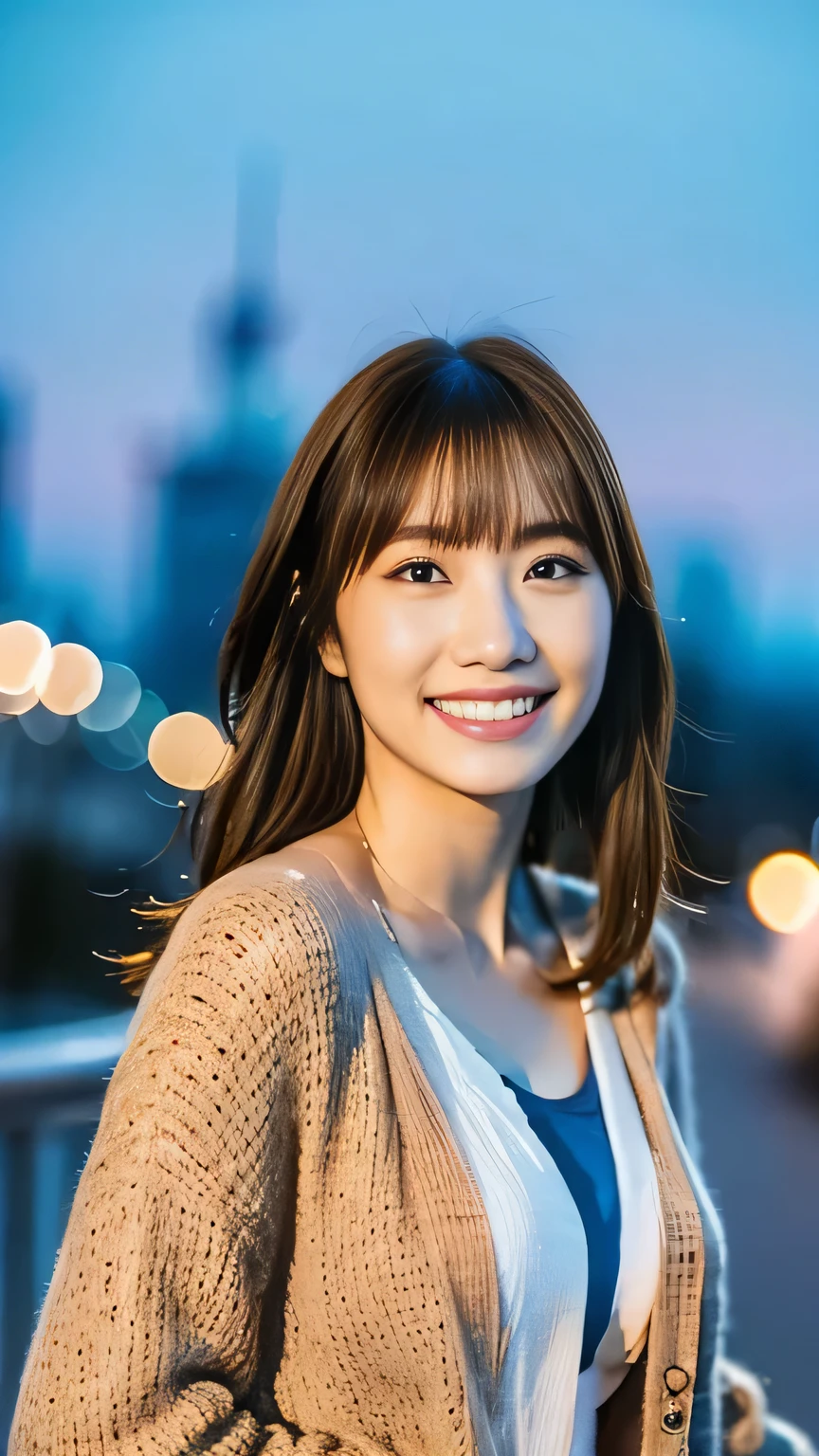 1 girl, solo, dress,cardigan long hair, bangs, ((highlight brown hair)),後ろで髪の毛を束ねる,
chest, smiles, Aperture F2.8, 8k octane , 3D rendering , night view, Disney 、手を差し伸べる