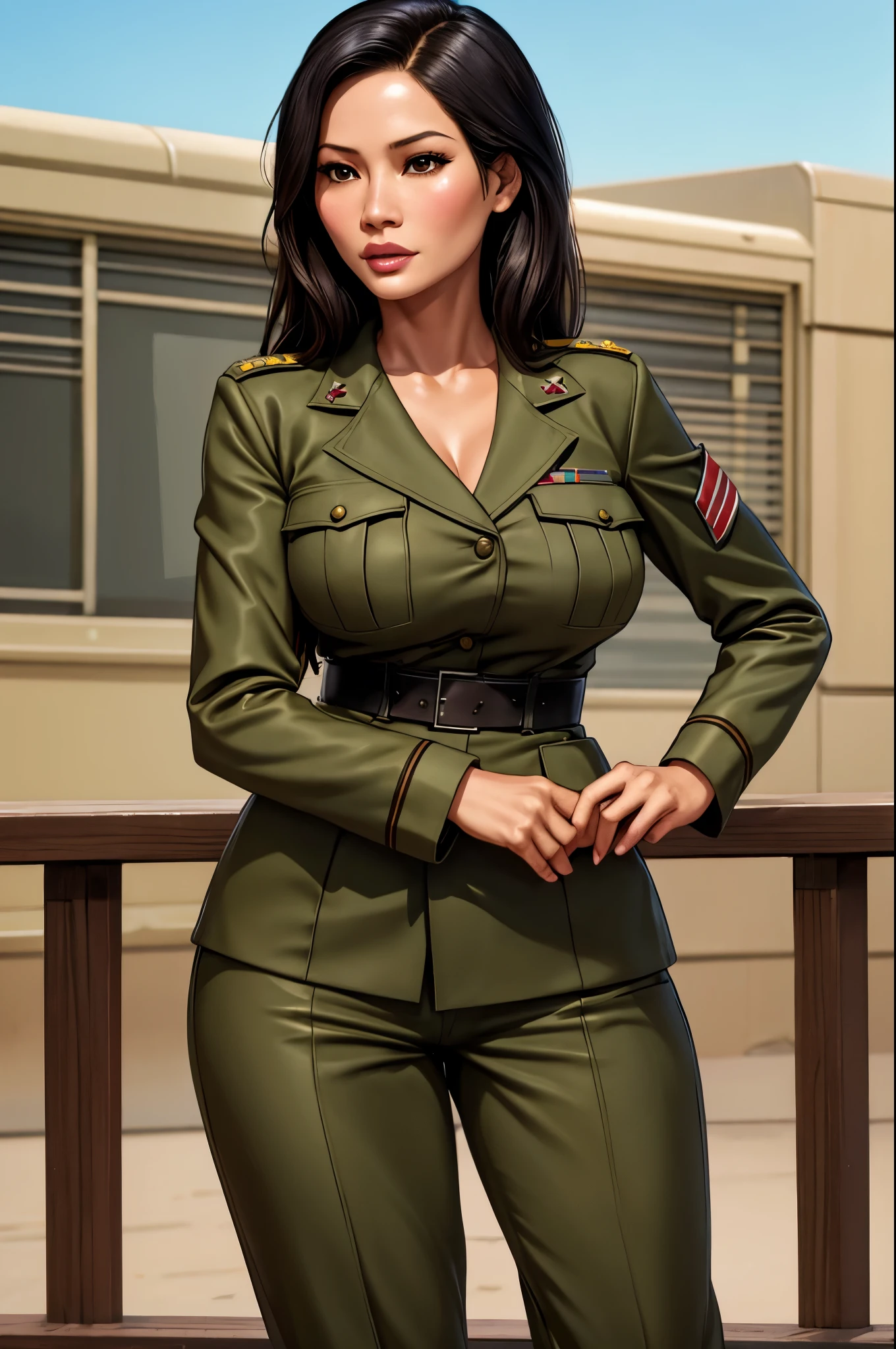 a woman in a military uniform poses for a picture, wearing military outfit, military outfit, army girl outfit, army uniform, military uniform, wearing military uniform, military girl, soldier girl, wearing a military uniform, soldier outfit, army, wearing dirty soldier uniform, military clothing, miltary, uniform, costume, in full military garb, cropped shirt with jacket, cleavage, short skirt, bare legs, miltary boots