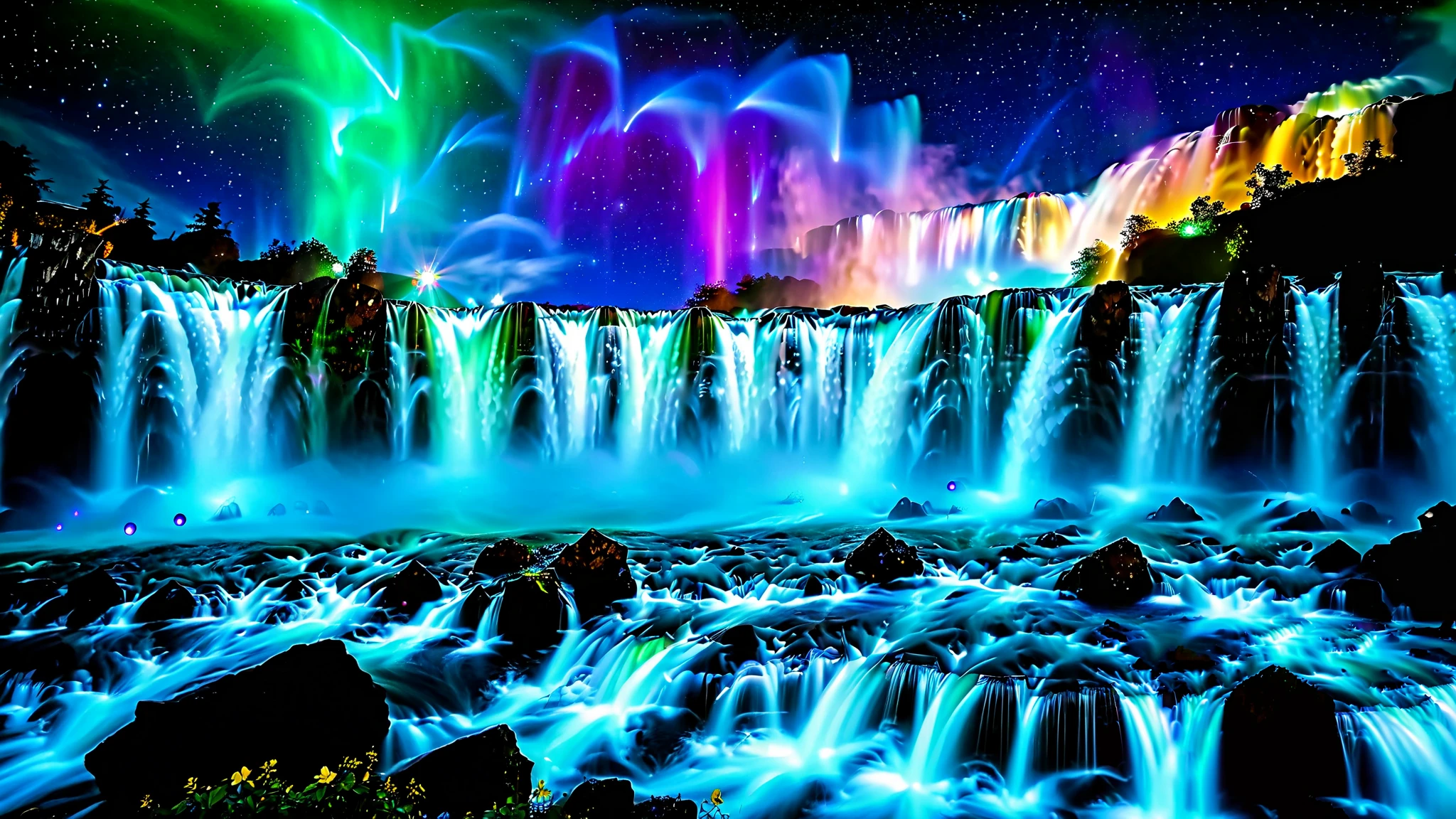 32K Resolution Masterpiece , highest quality , super detailed, Extremely high resolution 32K wallpaper , shot with a fisheye lens ,Many layers of waterfall flow , Scales like Niagara Falls, spectacular scale , cobalt blue luminescent waterfall,A bird's-eye view, The rock shines fluorescent green , super detailedな特徴, Awe-inspiring Details . Spectacular Waterfall Falling Directly from the Starry Sky , Falling on Metal , Shining Cliff Surface . Water Shines in Blue and Purple , Holographic Streams Intertwine . Bioluminescent flowers and trees at the bottom of the valley々Covered in, Its Leaves Reflect the Light of Water . Floating Spheres of Light Wrapping the Scene , Mysterious Addition , have an otherworldly atmosphere ., countless stars in the background 々and galaxy clusters ,Mysterious charm, mysterious atmosphere,A fantastic atmosphere with splashes of water ,