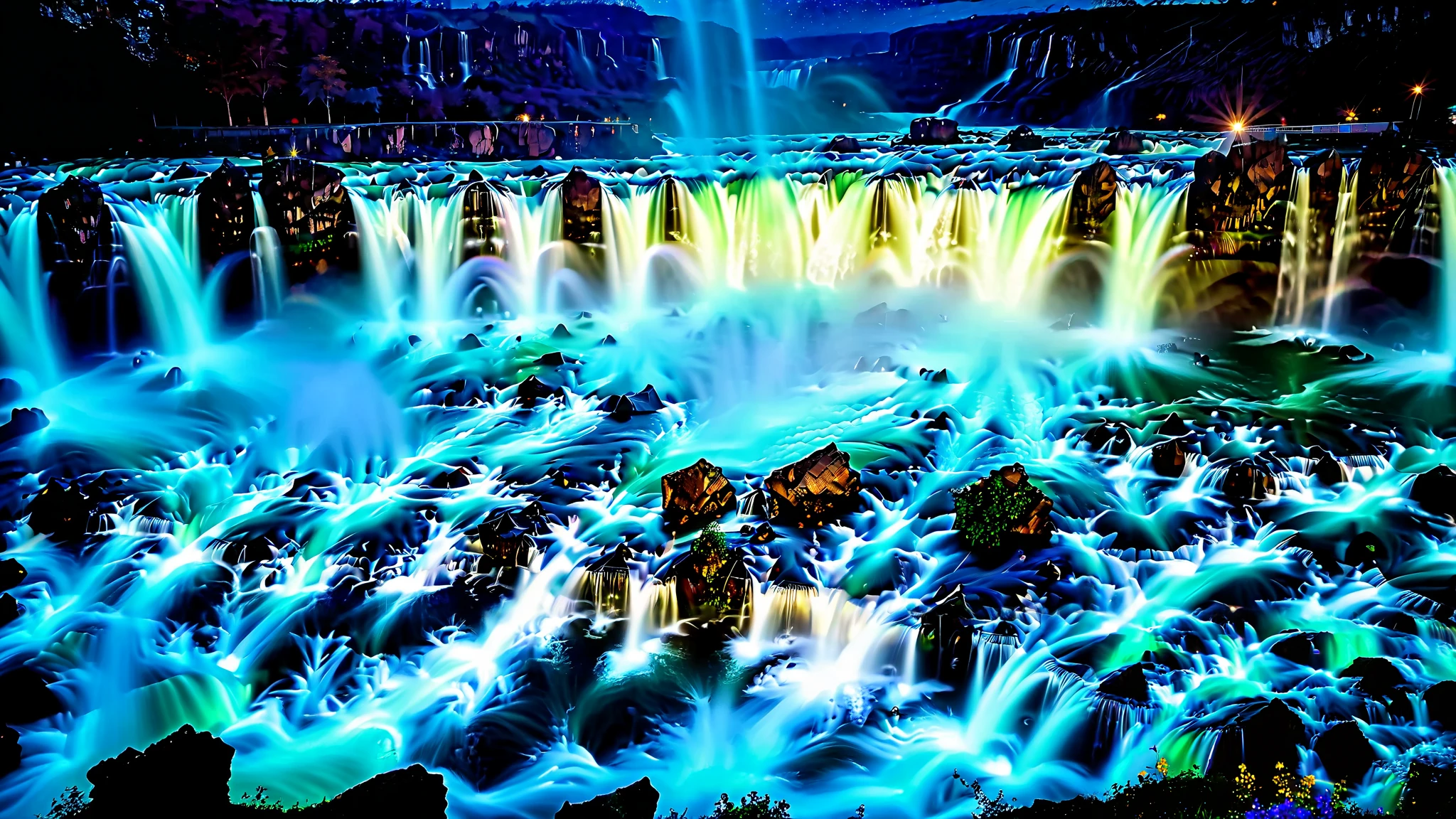 32K Resolution Masterpiece ,  highest quality ,  super detailed, Extremely high resolution 32K wallpaper  , shot with a fisheye lens ,Many layers of waterfall flow , Scales like Niagara Falls, spectacular scale , cobalt blue luminescent waterfall,A bird's-eye view, The rock shines fluorescent green , super detailedな特徴,  Awe-inspiring Details .  Spectacular Waterfall Falling Directly from the Starry Sky ,  Falling on Metal , Shining Cliff Surface .  Water Shines in Blue and Purple ,  Holographic Streams Intertwine .  Bioluminescent flowers and trees at the bottom of the valley々Covered in,  Its Leaves Reflect the Light of Water .  Floating Spheres of Light Wrapping the Scene ,  Mysterious Addition ,  have an otherworldly atmosphere  ., countless stars in the background 々and galaxy clusters ,Mysterious charm,  mysterious atmosphere,A fantastic atmosphere with splashes of water ,