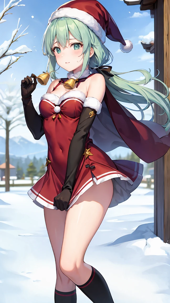 (best quality,4k,8k,highres,masterpiece:1.2),ultra-detailed,(realistic,photorealistic,photo-realistic:1.37),beautiful young woman, big bouncing breasts,long wavy red hair, elf ears, snowflake earrings, green and red Christmas crop top and mini skirt, thigh-high boots, elbow length gloves, Santa's helper,portrait, vivid colors,festive lighting