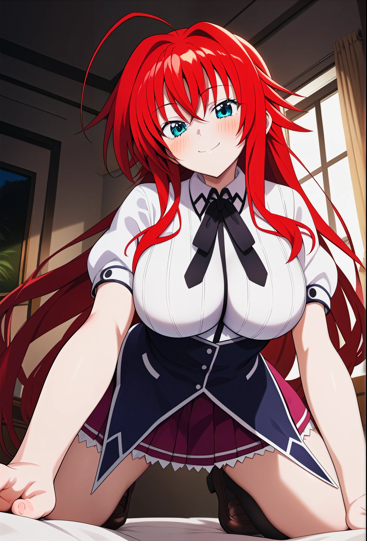 score_9, score_8_up, score_7_up, score_6_up, score_5_up, score_4_up, source_anime, aarias, long hair, red hair, ahoge, blue eyes, large breasts, school uniform, neck ribbon, white shirt, short sleeves, underbust, miniskirt, purple skirt, on bed, bedroom, all fours, naughty face, smile, blush, from below,