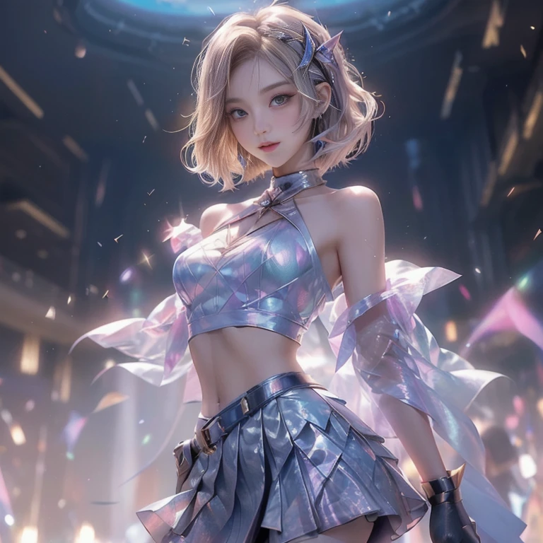 official art, best quality, ultra-detailed, high resolution, unity 8k wallpaper, extremely detailed CG, white skin, short hair, bob cut hair, silver hair, ahoge, shiny hair, shiny skin green eyes, beautiful eyes, medium breasts, ight particles, light sparkles, lens flare, Light particles, Magic light, strong light, gorgeous dress, Princess Dresses, loud laughter, A young lady mocks those of low status