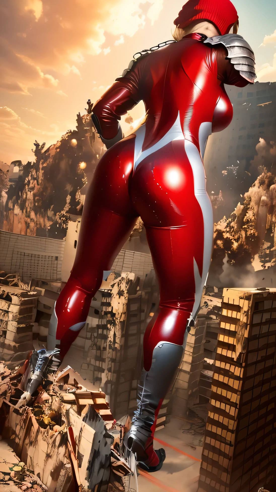 Cartoon of a woman wearing a bikini and orange boots in the street, Giant art, 8k comic art, hot fire Giant, Inspired by Masamune Shirow, Giant, Inspired by Frank Miller, striking manga artstyle, Nuclear explosion!!!, Muscular ultraviolent woman, Pop Japonism 3d Ultra Detailed, Muscular!!, Epic cartoon style