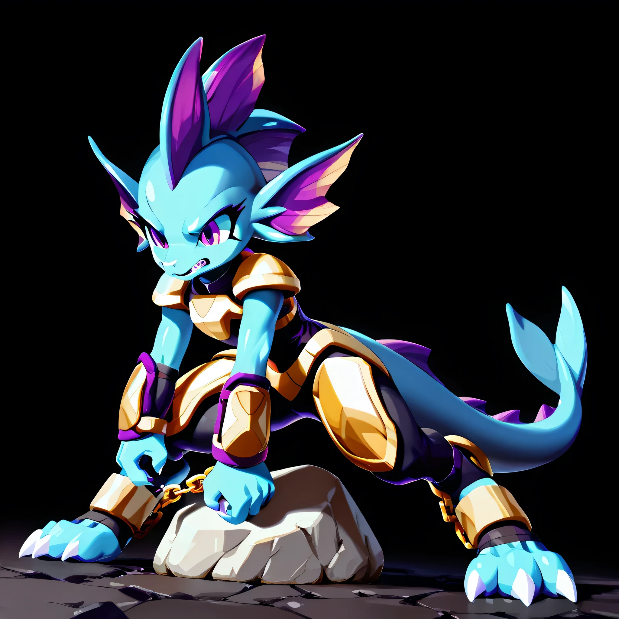 Anime, ((anime style)), warrior build, ((three-quarter view)), ((safe for work version:1.5)), solo drawing, solo, ((Solid Black Background)), ((on a rock)), ((vivid purple eyes)), ((sharp draconic ear spines)), ((sharp purple head spines)), ((purple head fins) ), ((tall figure)), ((digitigrade legs)), ((digitigrade feet)), ((highly detailed anime style)), ((black and gold armor)), clean anime style lines, claws, Merga from freedom planet 2, female, blue skin, white claws, ((short dragon muzzle)), ((leg armor)), ((ankle guards)), black leggings under armor, light armor, ((wrists chained to a wall:1.2)), ((struggling against chains)), ((Struggling)), ((restrained by chains)), ((resistant expression:1.2)), ((chained to the ground)), ((on the ground))