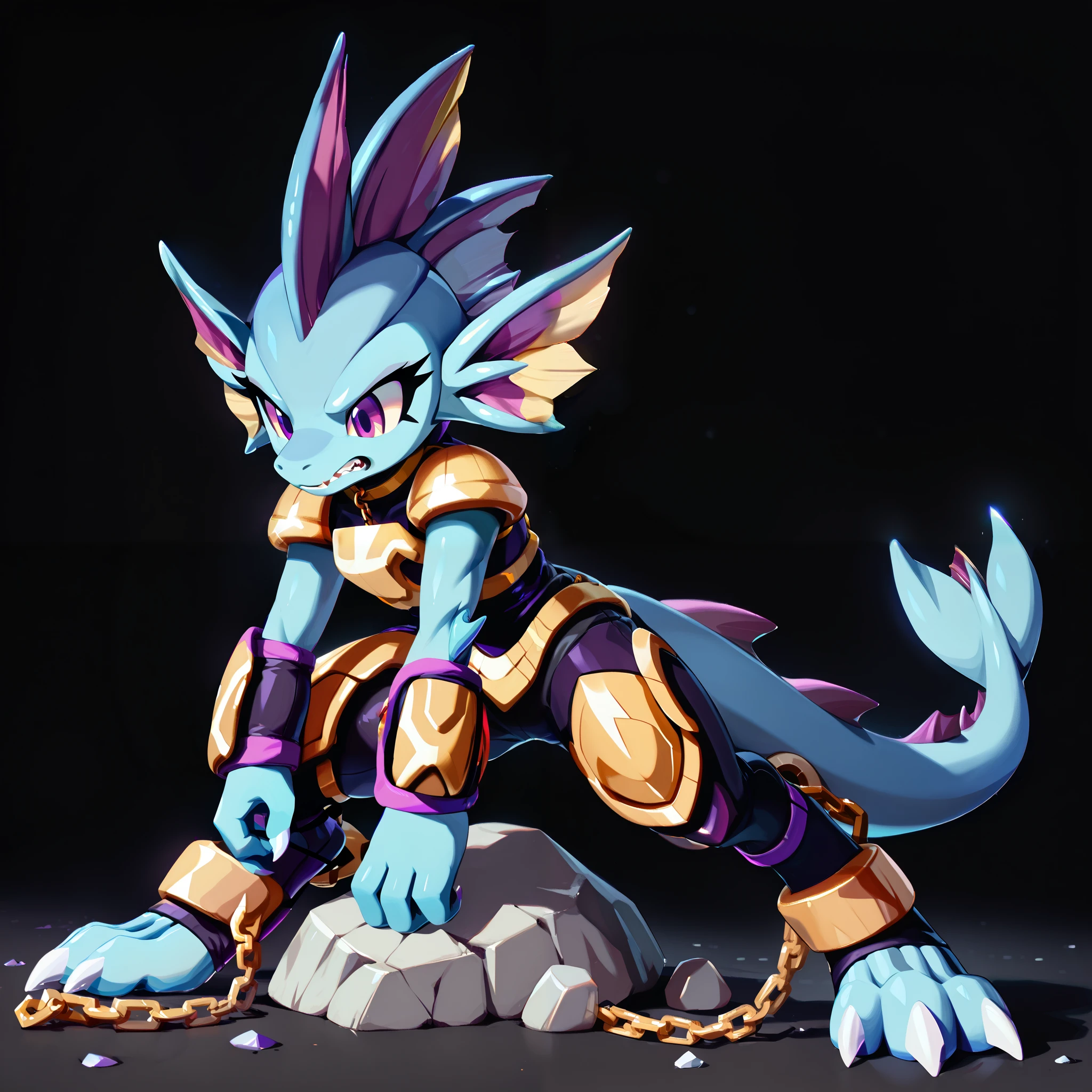 Anime, ((anime style)), warrior build, ((three-quarter view)), ((safe for work version:1.5)), solo drawing, solo, ((Solid Black Background)), ((on a rock)), ((vivid purple eyes)), ((sharp draconic ear spines)), ((sharp purple head spines)), ((purple head fins) ), ((tall figure)), ((digitigrade legs)), ((digitigrade feet)), ((highly detailed anime style)), ((black and gold armor)), clean anime style lines, claws, Merga from freedom planet 2, female, blue skin, white claws, ((short dragon muzzle)), ((leg armor)), ((ankle guards)), black leggings under armor, light armor, ((wrists chained to a wall:1.2)), ((struggling against chains)), ((Struggling)), ((restrained by chains)), ((resistant expression:1.2)), ((chained to the ground)), ((on the ground))