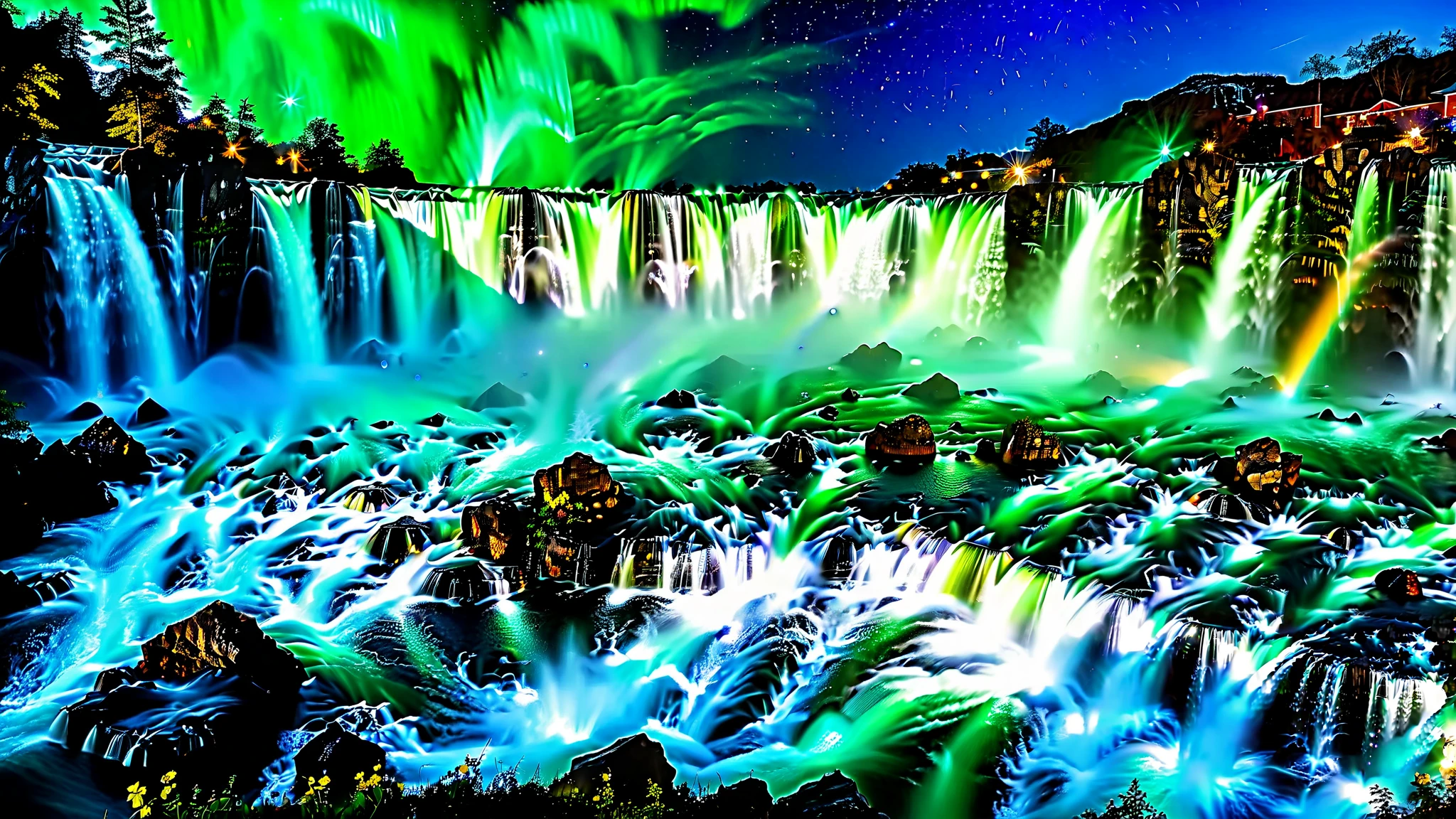 32K Resolution Masterpiece , highest quality , super detailed, Realistic expression,Extremely high resolution 32K wallpaper , shot with a fisheye lens ,Many layers of waterfall flow , Scales like Niagara Falls, spectacular scale ,Very high waterfall shining with cobalt blue luminescence,A bird's-eye view, ((The rock shines fluorescent green )), super detailedな特徴, Awe-inspiring Details . Spectacular Waterfall Falling Directly from the Starry Sky , Falling on Metal , Shining Cliff Surface . Water Shines in Blue and Purple , Holographic Streams Intertwine . Bioluminescent flowers and trees at the bottom of the valley々Covered in, Its Leaves Reflect the Light of Water . Floating Spheres of Light Wrapping the Scene , Mysterious Addition , have an otherworldly atmosphere ., countless stars in the background 々and galaxy clusters ,Mysterious charm, mysterious atmosphere,A fantastic atmosphere with splashes of water ,