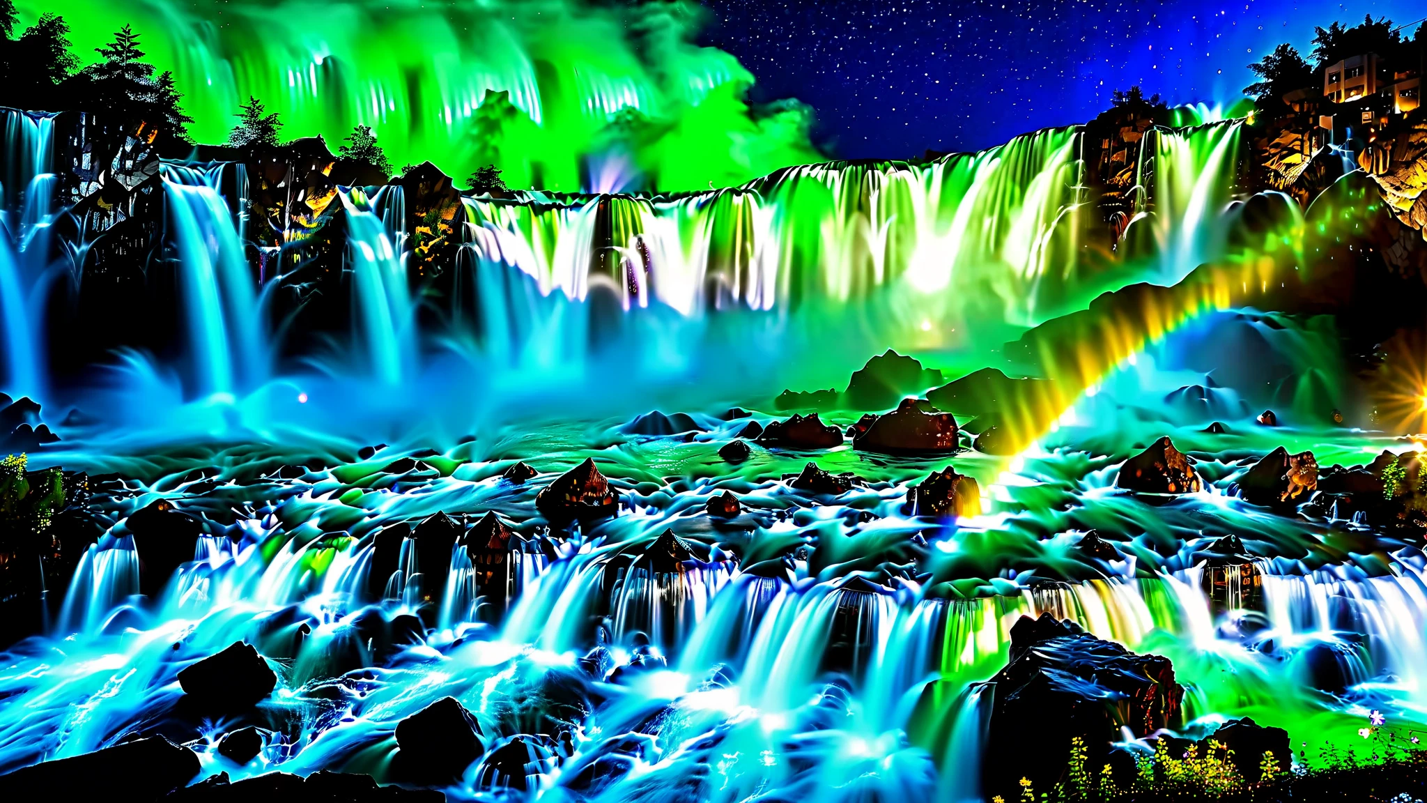 32K Resolution Masterpiece , highest quality , super detailed, Realistic expression,Extremely high resolution 32K wallpaper , shot with a fisheye lens ,Many layers of waterfall flow , Scales like Niagara Falls, spectacular scale ,Very high waterfall shining with cobalt blue luminescence,A bird's-eye view, ((The rock shines fluorescent green )), super detailedな特徴, Awe-inspiring Details . Spectacular Waterfall Falling Directly from the Starry Sky , Falling on Metal , Shining Cliff Surface . Water Shines in Blue and Purple , Holographic Streams Intertwine . Bioluminescent flowers and trees at the bottom of the valley々Covered in, Its Leaves Reflect the Light of Water . Floating Spheres of Light Wrapping the Scene , Mysterious Addition , have an otherworldly atmosphere ., countless stars in the background 々and galaxy clusters ,Mysterious charm, mysterious atmosphere,A fantastic atmosphere with splashes of water ,