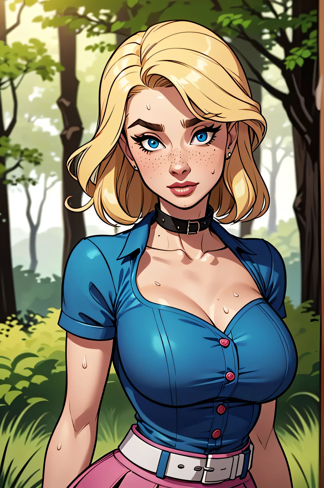 ( absurd, HD , ultra detailed, be careful with your hand ) Close up of a thin and athletic woman , 25 years, 8k (( high definition )), sighing look, Seductive look, blue eyes, nose fine, pink blouse (( with buttons, short sleeves and Italian collar )), discreet skirt with belt, cintura fina, both arms positioned on the sides of the body, white skin, blond hair (( long and straight )), character walking through the woods (( upper body )), with freckles on the neck and breasts , (( large, round breasts , sweaty )), (( Well defined collarbone )). Marvel style (( HQ )), forest in the background.
