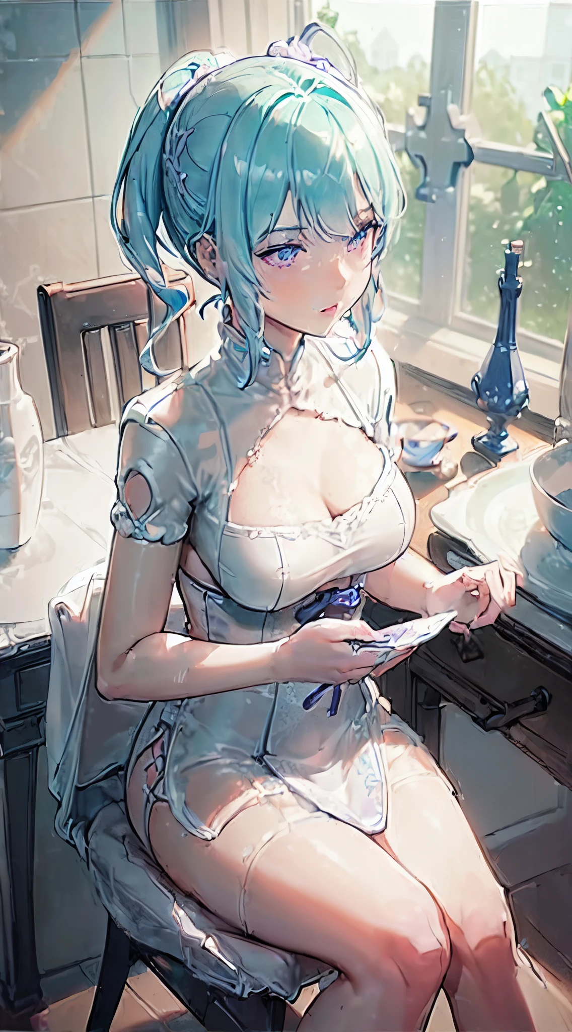 (porcelain plastic subsurface scattering:1.6), solo, aqua hair, chair, window, interior, best soft, (purple drapery), coral, Victorian