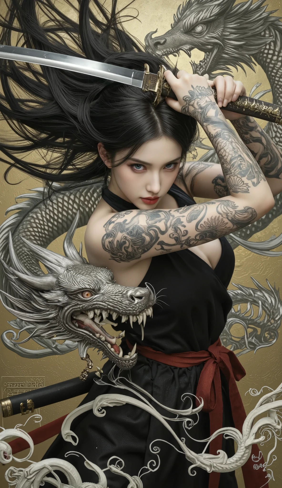 full body image of Indonesian woman with brown hair colored with white red highlights,holding katana.A detailed depiction of realism,majestic 5D dragon tattoos in gold and black cover his body,with scales sparkling with realism and lightning patterns that evoke a sense of ancient magic.The dragon's expression was fierce, with a growl that suggested power and mystique.The background is a dramatic red smoke effect to contrast and highlight the intricate details of the tattoo.