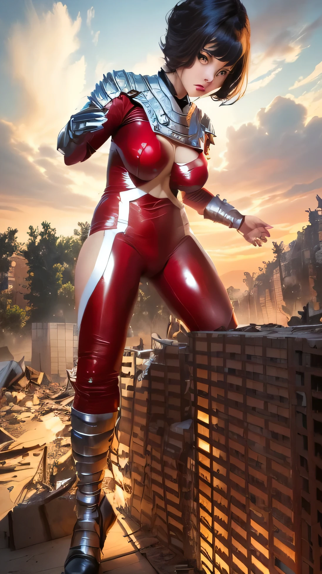 1girl, a superhero, blue-red latex, very sexy and tight half-bodysuit, with fire-bender power, cleavage, revealing, open thighs, epic skin details, epic skin textures, epic skin reflection, in fighting scene, epic battleground, octane rendering, epic details, cinematic lights, magic ricochets, looks angry, in the air, in a distant, full body,