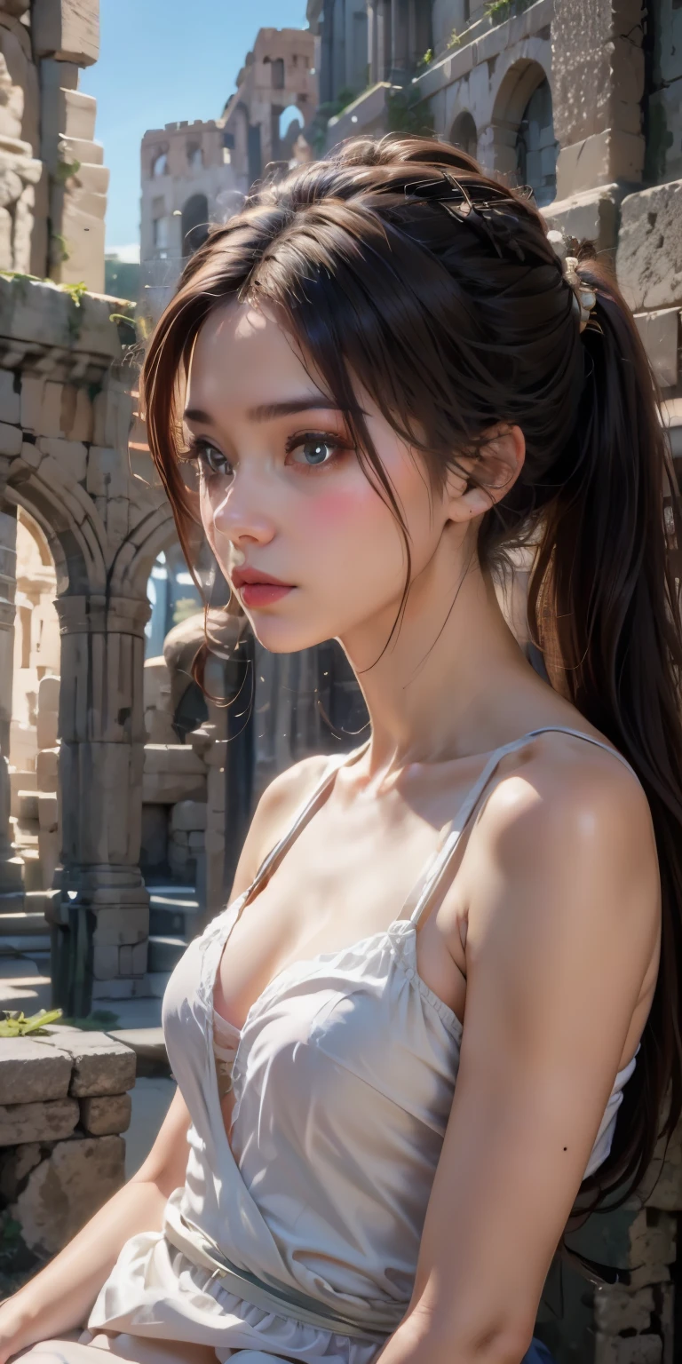 (A masterpiece of image quality in 8K),(Beautiful Allafed Woman),(((emphasizing breasts:1.3))),(Dynamic angles),(Dynamic and sexy bending pose:1.3),(sit a chair:1.3),(Short hair in shiny silver and orange inner colors,large full breasts,Disturbance of clothing due to movement,breast slip,(Ponytail twisted buns adorned with elaborate braids and beads,Braided Setup Fishbone Hair,),(see-through bangs),Huge breasts、(((A white lace apron that shows your bare skin from under your big breasts.......)))、Blush with embarrassment、Enraptured eyes、A smile that beguiles the viewer、(Look back:1.7)、Look into the photographer,skin glistening with sweat,gazing at viewer,,(Professional Lighting),(8K,masutepiece,top-quality,Ultra-high resolution output image,),(Ultra HD with complex detail image modes),depth of fields,Beautiful hands,Beautiful fingers,Detailed finger features,(Detailed hair features:1.7),detailed facial features,detailed clothes features,