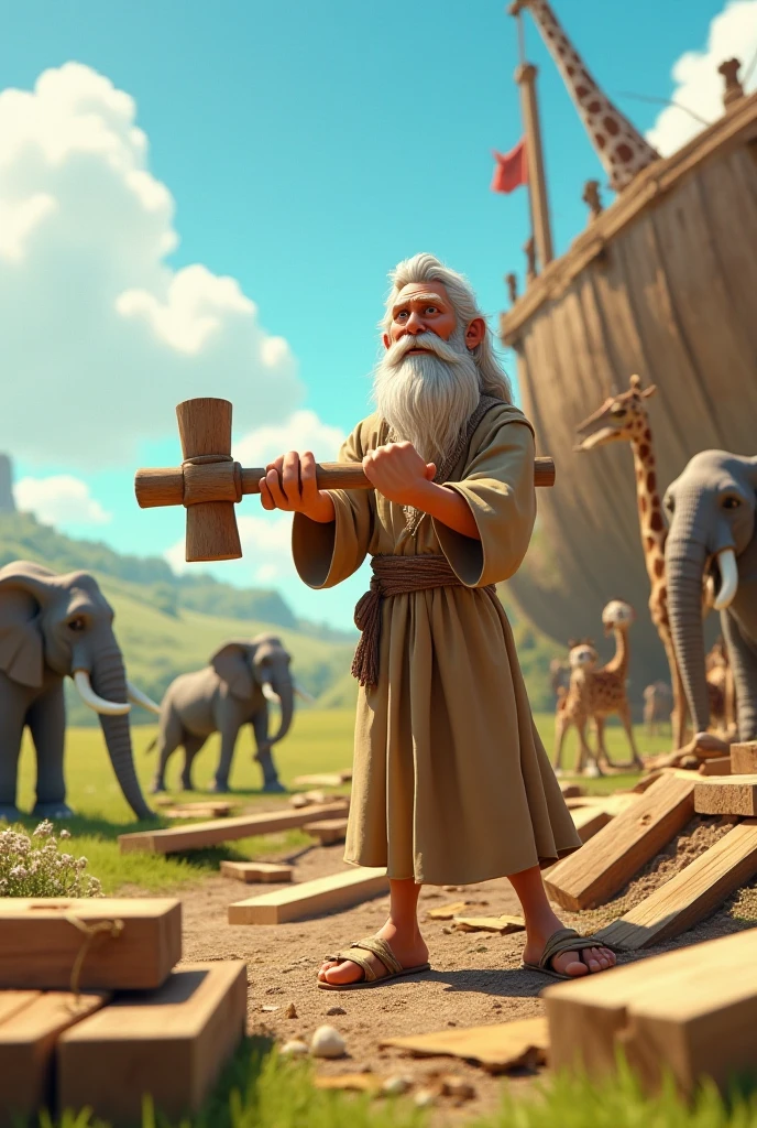 Noah&#39;s Ark Scene, strong muscular old Noah carrying a hippopotamus in his arms going towards the giant boat that already has several animals inside