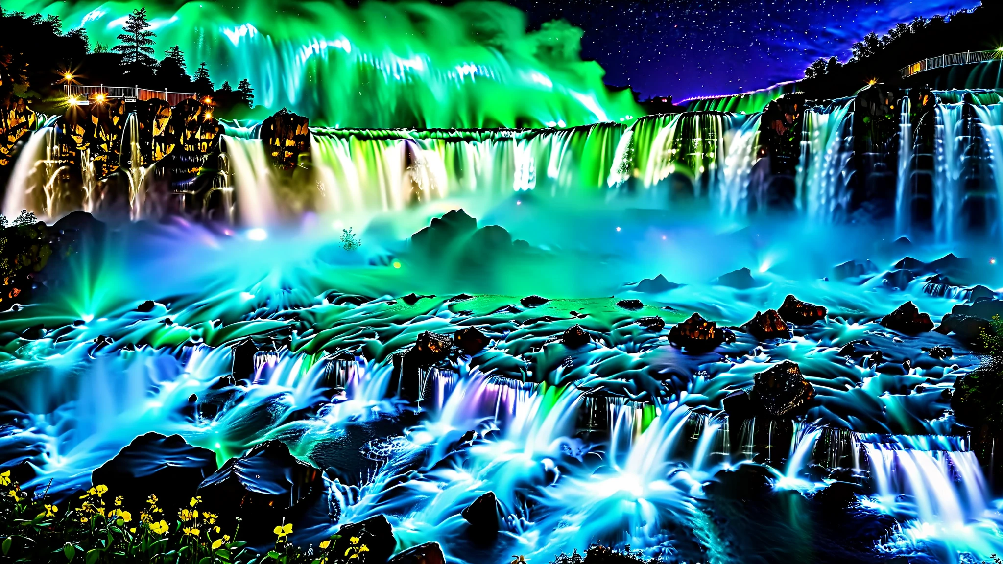 32K Resolution Masterpiece , highest quality , super detailed, Realistic expression,Extremely high resolution 32K wallpaper , shot with a fisheye lens ,Many layers of waterfall flow , Scales like Niagara Falls, spectacular scale ,Very high waterfall shining with cobalt blue luminescence,A bird's-eye view, ((The rock shines fluorescent green )), super detailedな特徴, Awe-inspiring Details . Spectacular Waterfall Falling Directly from the Starry Sky , Falling on Metal , Shining Cliff Surface . Water Shines in Blue and Purple , Holographic Streams Intertwine . Bioluminescent flowers and trees at the bottom of the valley々Covered in, Its Leaves Reflect the Light of Water . Floating Spheres of Light Wrapping the Scene , Mysterious Addition , have an otherworldly atmosphere ., countless stars in the background 々and galaxy clusters ,Mysterious charm, mysterious atmosphere,A fantastic atmosphere with splashes of water ,