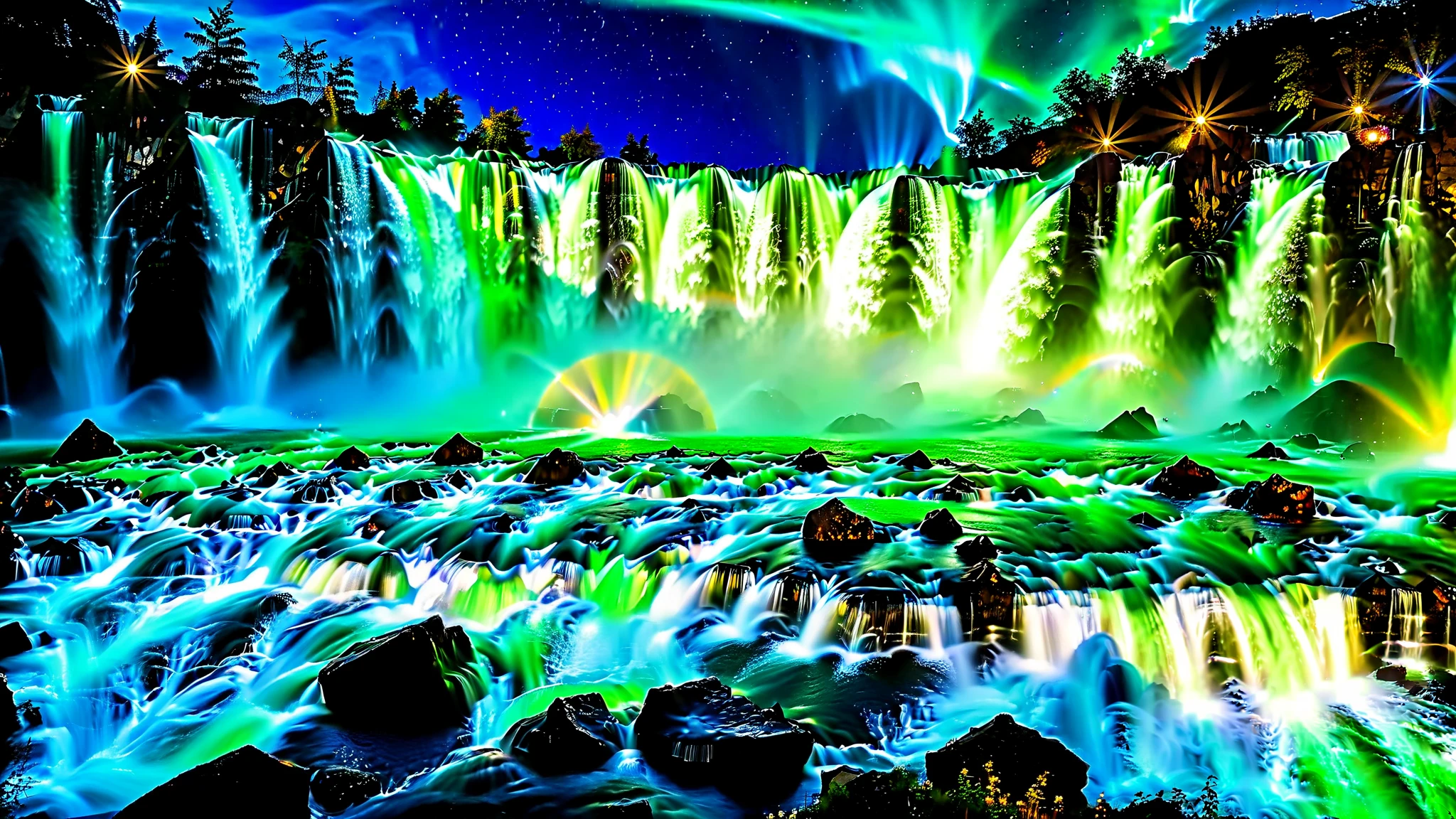 32K Resolution Masterpiece , highest quality , super detailed, Realistic expression,Extremely high resolution 32K wallpaper , shot with a fisheye lens ,Many layers of waterfall flow , Scales like Niagara Falls, spectacular scale ,Very high waterfall shining with cobalt blue luminescence,A bird's-eye view, ((The rock shines fluorescent green )), super detailedな特徴, Awe-inspiring Details . Spectacular Waterfall Falling Directly from the Starry Sky , Falling on Metal , Shining Cliff Surface . Water Shines in Blue and Purple , Holographic Streams Intertwine . Bioluminescent flowers and trees at the bottom of the valley々Covered in, Its Leaves Reflect the Light of Water . Floating Spheres of Light Wrapping the Scene , Mysterious Addition , have an otherworldly atmosphere ., countless stars in the background 々and galaxy clusters ,Mysterious charm, mysterious atmosphere,A fantastic atmosphere with splashes of water ,
