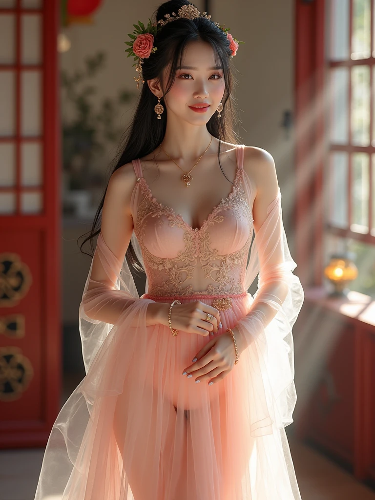 Korean woman with a slim figure, thin arms and legs, small figure, modern hanbok, showing shoulders and navel, small buttocks