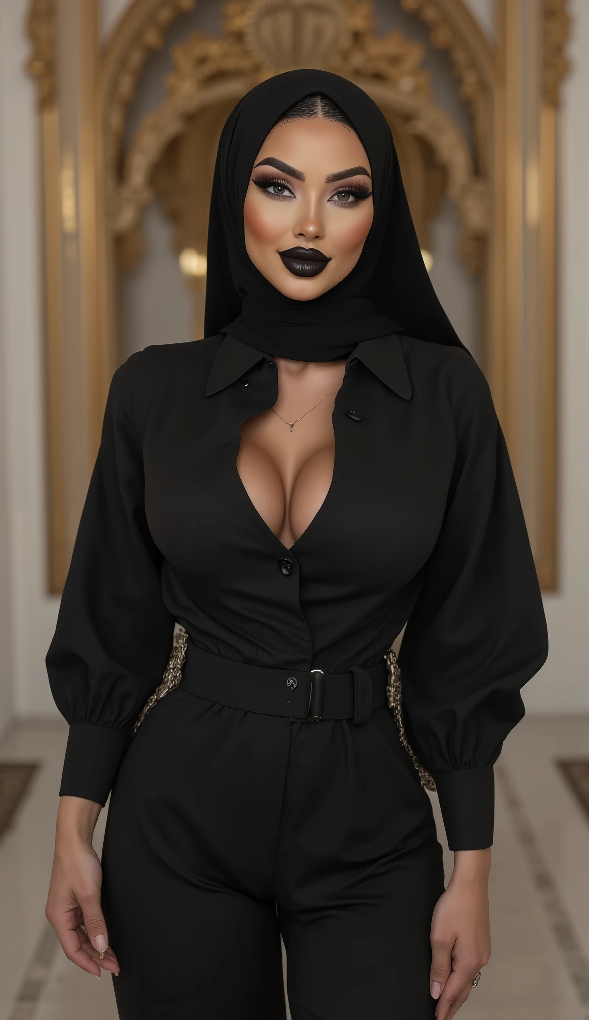 (Ultra-realistic), (high resolution), ((((upperbody view)))), one beautiful European women, beautiful face, instgram model, alluring beauty, black lipstick, full make-up, ((wearing stylish hijab)), ((huge breasts)), ((big breasts)), ((wearing black jumpsuits)), standing, smiling, in a luxurious villa, luxurious hall background.