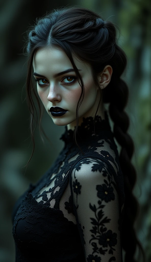 A mysterious woman with dark hair in braids, wearing an elegant black ...