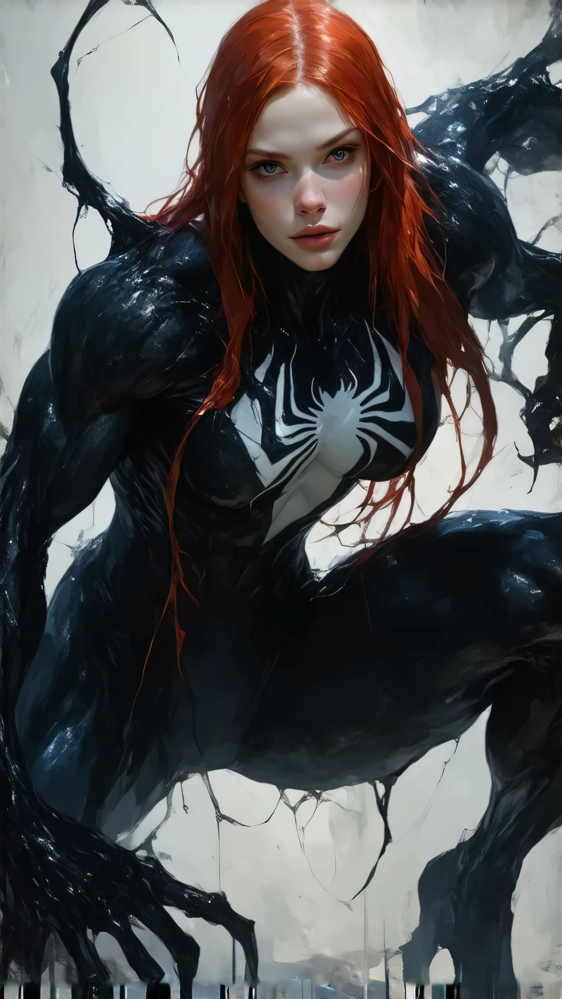 4K,realisticlying,Glamorous,The is very detailed,There is a girl in Dingcheng,Red hair,Wearing a black Spider-Man costume,(Black and white:1.4) the night,symbiote,venomize,a large amount of mucus,she is a spiderman,Black superhero theme,In front of the sky,Flushed complexion,( Open legs, camel-toe,, Vulvar shape:1.3),(GGCameltoe:1.3)Legs apart,25 age old,full bodyesbian