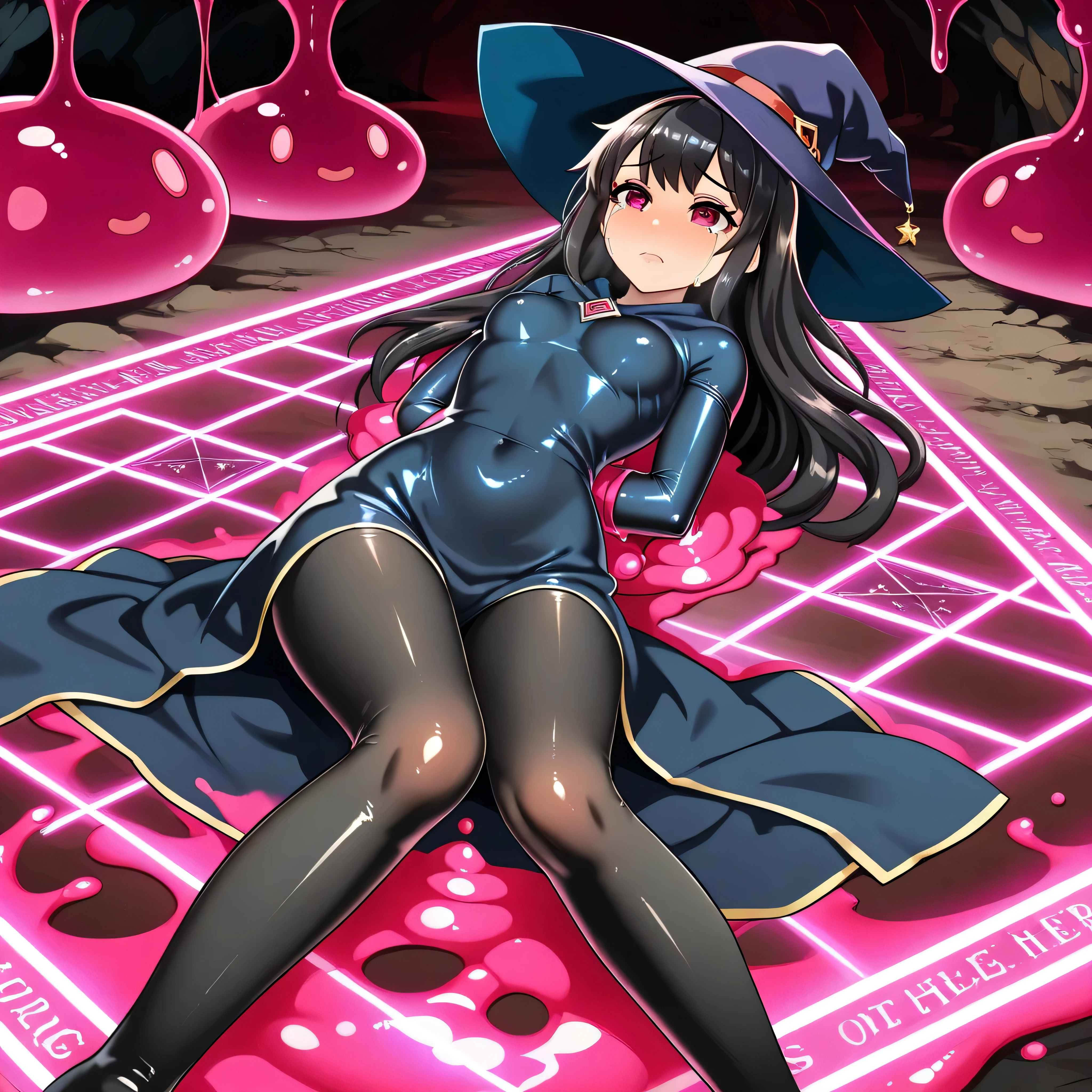 NSFW,Villain, 200 Year Old Witch, Long black hair, The magic in her hands shines,,Purple Eyes,leotard,Gothic Lolita,Small breasts,Crotch crack,Bad smile,sex,Put your hands on your crotch,pussy juice,Licking wet fingers,penis in pussy,Wearing a condom,Used Condoms