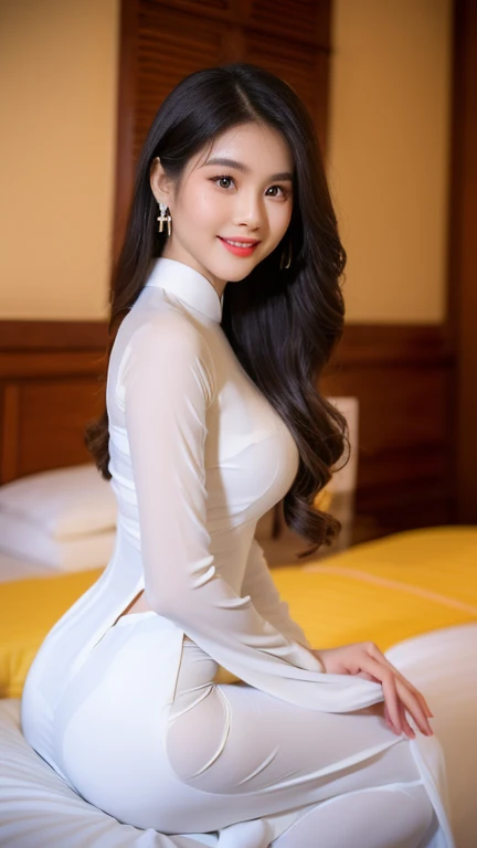 Detailed body, attractive body, perfect human body, realistic face,
(ultimate quality, masterpiece, highres:1.0), realistic:1.6, photorealistic,
[8k UHD photos, UHD high quality photos, Super detailed and super clear images],
Close-up of a Vietnamese girl two head with a detailed body, attractive body, perfect human body, realistic face,
(ultimate quality, masterpiece, highres:1.0), realistic:1.6, photorealistic,
[8k UHD photos, UHD high quality photos, Super detailed and super clear images],
Close-up of a Vietnamese girl with a beautiful face, tall and beautiful like a photo model,
, leggy, round face, big round eyes, Charming smile, Red lips, long curly eyelashes, big dimples, pointed chin, plump face, bright white skin, slim waist and long legs, wearing rings and earrings,
 Her face resembles Tuyet Linh, Tall and plump figure, wearing see-through yellow ao dai, sitting on the bed in hotel, view from side, sexy pose,
See-through yellow ao dai, clearly see the body inside,