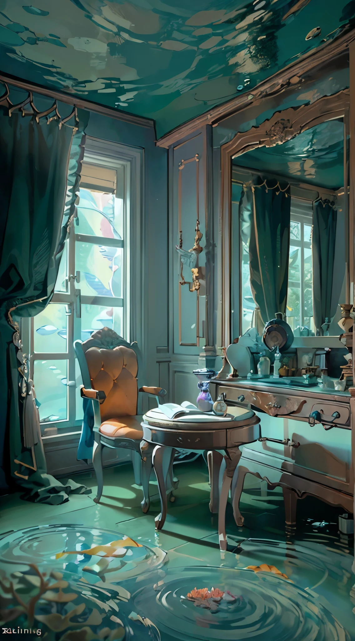 (porcelain plastic subsurface scattering underwater:1.6), room, chair, window, interior, best quality, masterpiece, (purple drapery), coral, Victorian