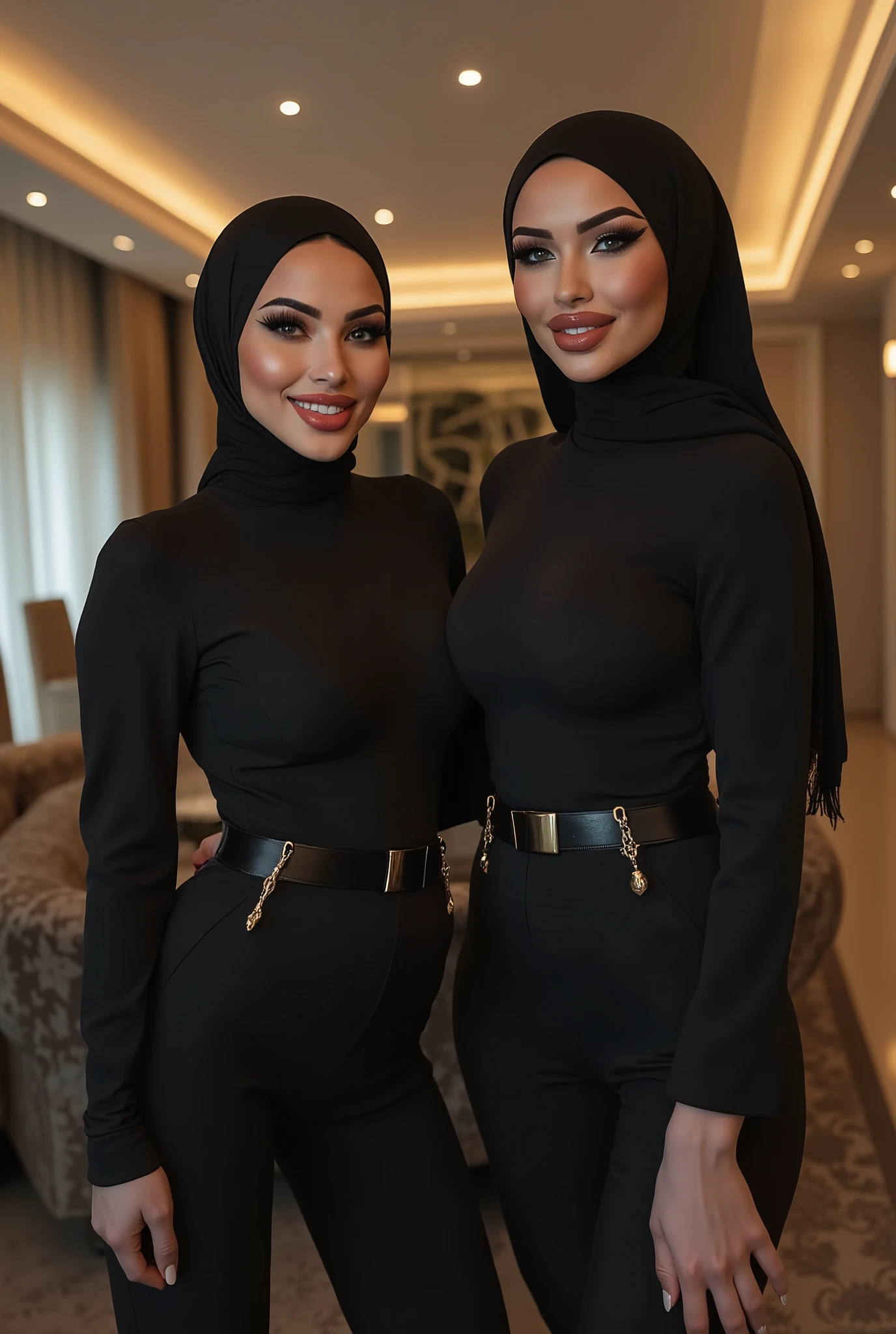 Two beautiful hijab girls with long hair, hair sticking out from under the scarf. Short and tight skirt, beautiful yellow and red bodice, big and beautiful black eyes and very high quality and very realistic, cleaning the table, dark red lips and black pantyhose, secretary dress and bent down and breasts Big and bust, profile head, flirting with closed eyes, long eyelashes, black eye shadow, black eyeliner, cinematic, illuminated