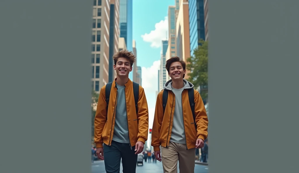 Light-skinned boys on a street with a background of buildings music in his right hand he holds an iPhone in his left hand he makes a number two and black hair with a pompadour with basketball clothes