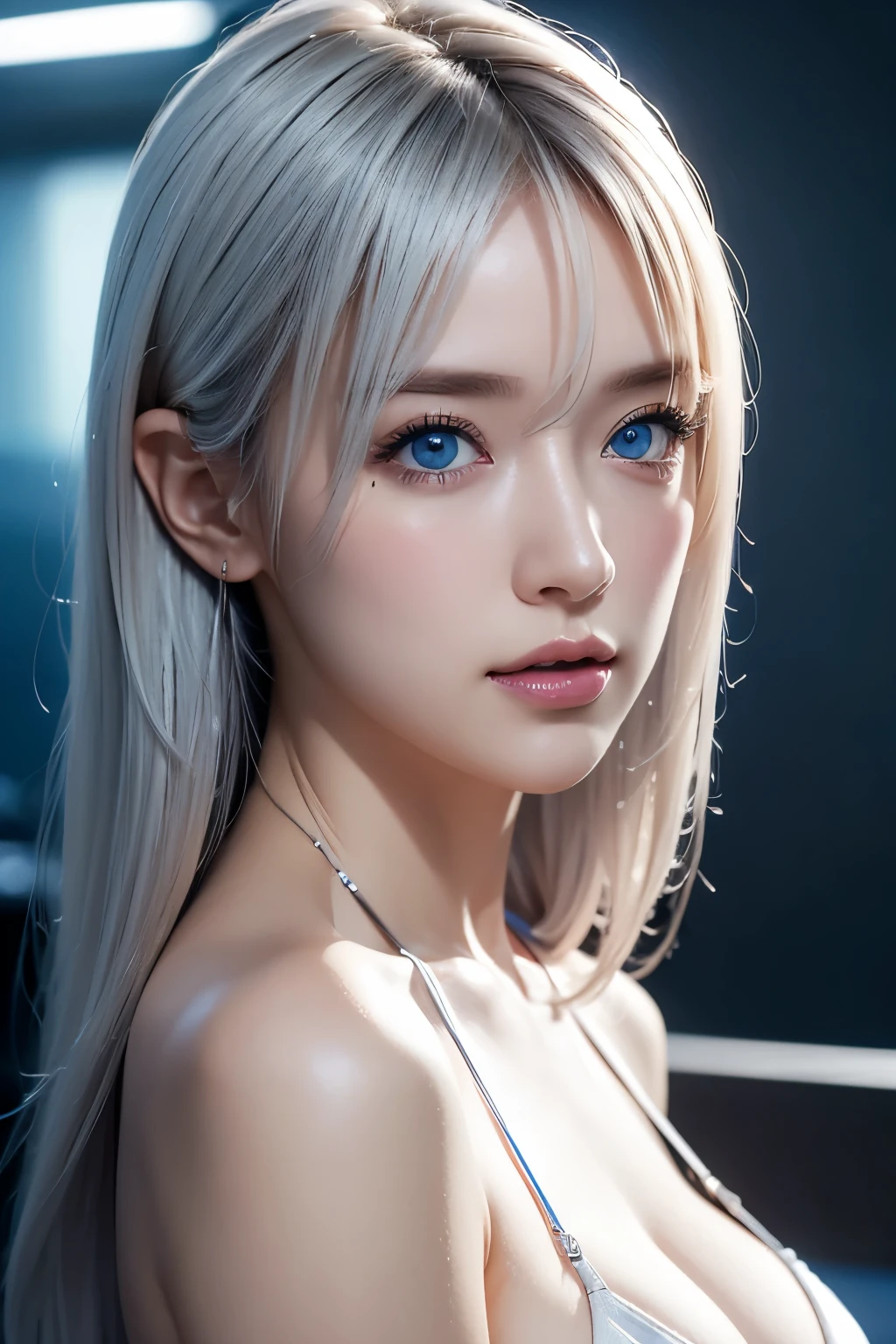 8k, (full body shot:1.2), 20-year-old swedish girl, raw, Beautiful woman, (straight gray hair), (intricate, sheer, transparent, translucent,(no clothes:1.2)), intricate, beautifull face, elegant, highly detailed, digital hyperrealistic photography, hyperrealistic photography filigree, shyness, most beautyfull face, (masterpiece, sidelighting, (finely detailed beautifull blue eyes: 1.2)),
