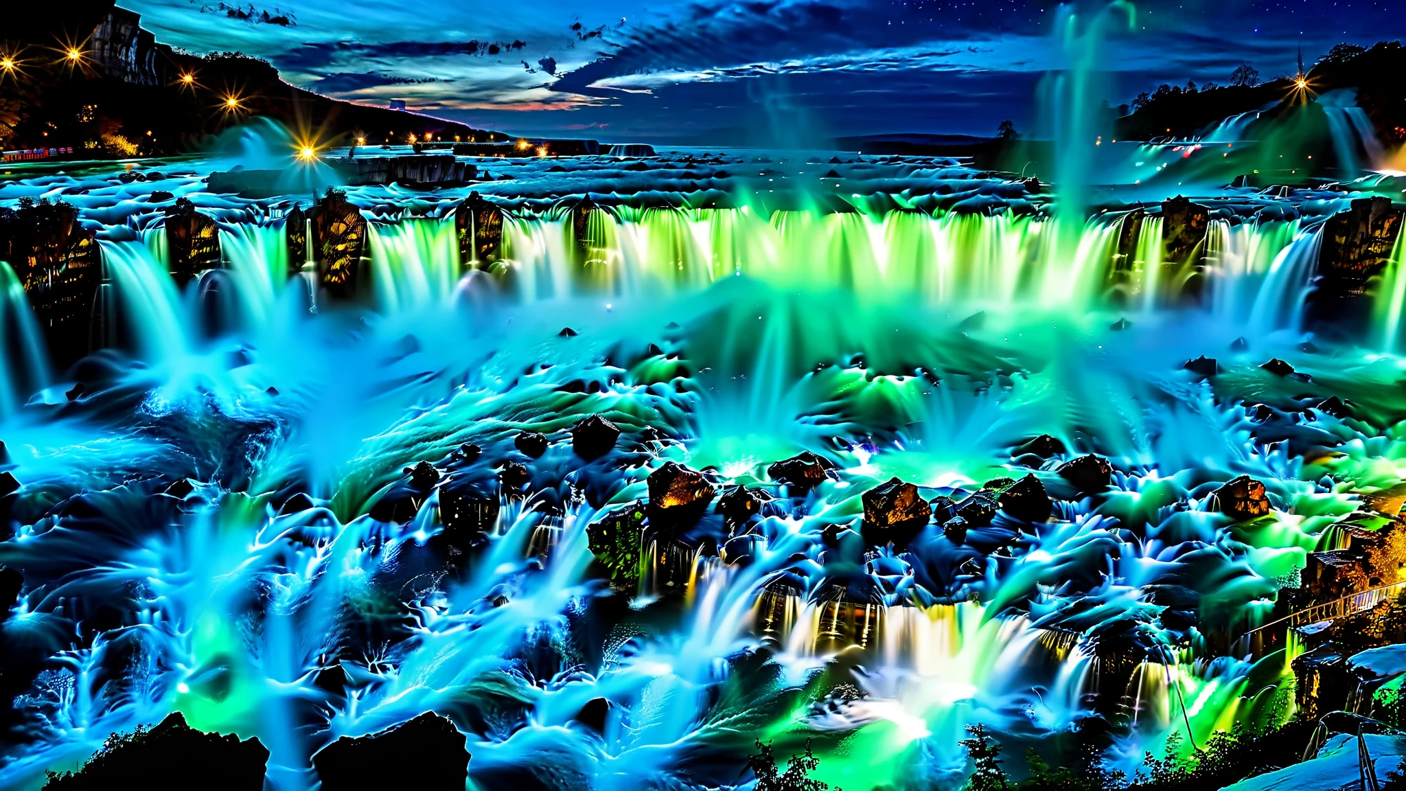 32K Resolution Masterpiece , highest quality , super detailed, Realistic expression,Extremely high resolution 32K wallpaper , shot with a fisheye lens ,Many layers of waterfall flow , Scales like Niagara Falls, spectacular scale ,Very high waterfall shining with cobalt blue luminescence,A bird's-eye view, ((The rock shines fluorescent green )), super detailedな特徴, Awe-inspiring Details . Spectacular Waterfall Falling Directly from the Starry Sky , Falling on Metal , Shining Cliff Surface . Water Shines in Blue and Purple , Holographic Streams Intertwine . Bioluminescent flowers and trees at the bottom of the valley々Covered in, Its Leaves Reflect the Light of Water . Floating Spheres of Light Wrapping the Scene , Mysterious Addition , have an otherworldly atmosphere ., countless stars in the background 々and galaxy clusters ,Mysterious charm, mysterious atmosphere,A fantastic atmosphere with splashes of water ,