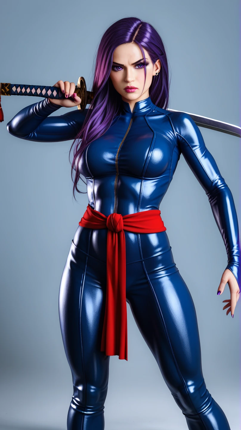 4k, Women, muscled body, Blue suit, purple hair, holding the sword, Red belt.