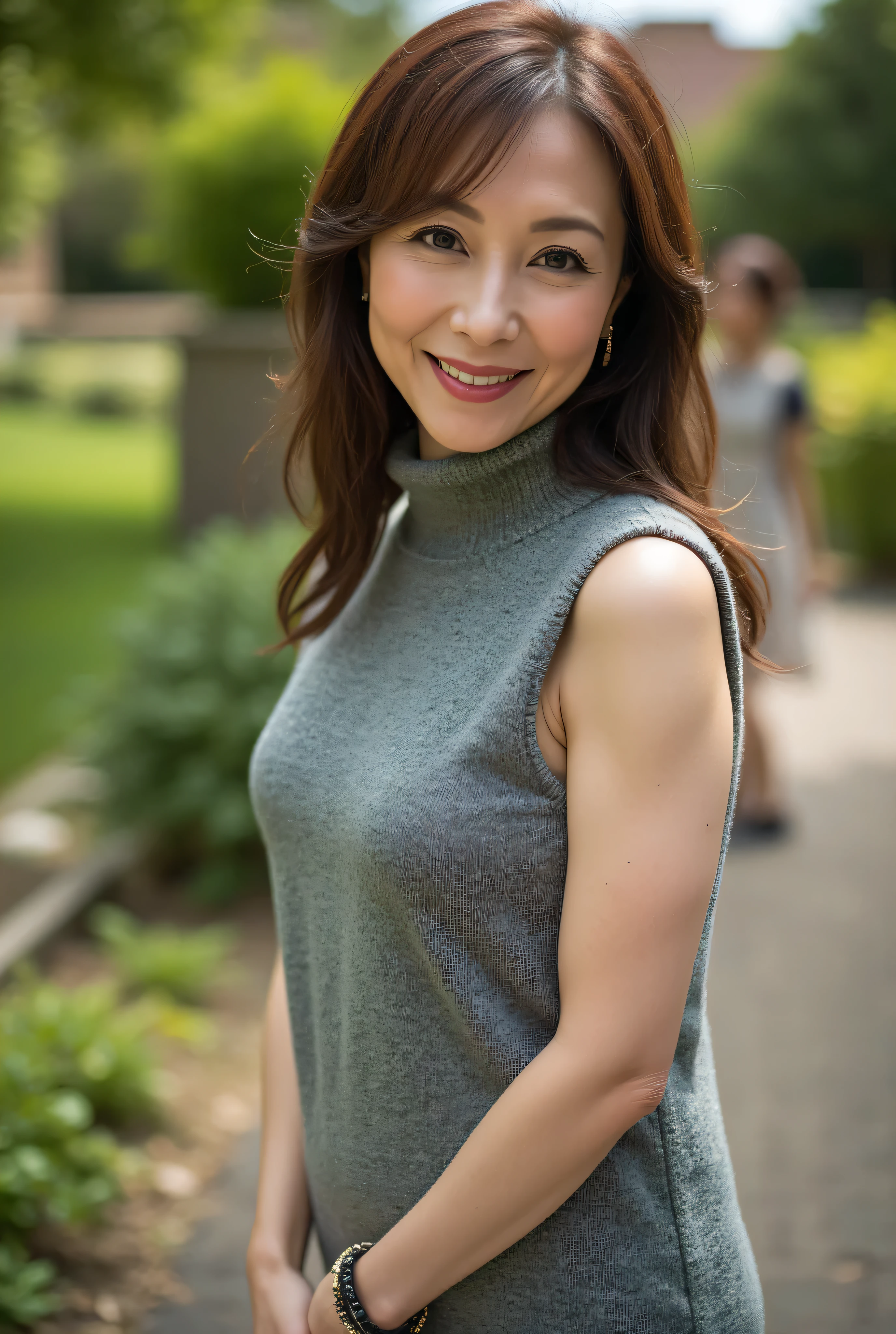 Beautiful middle-aged woman standing in a park (48 years old: 1.4), wavy dark hair ,Slender and long legs, fine laugh lines: 1.2, and a bewitching smile . 。 sharp facial details , amazing beauty (Ultimate beauty), It features 、 (lipstick: 1.1), ( eyeliner: 1.2), mascara, and eyeshadow . model exudes elegance and confidence , Large garden nearby and high resolution , photo by Nomi quality ( by Nomi: 1.2, hyper by Nomi: 1.1, photo by Nomi: 1.37), Unmatched Beauty Live Venue , and formal aesthetics (1.4). The image is rendered with sharp focus (1.4), , tolerates depth of field, and physical base rendering . Each fashion pattern has sophisticated seasonal styling, 。 The image exudes clarity and refinement 。Moss colored turtleneck sleeveless knit dress, with makeup including a blurred abstract background 、 reflects quiet refinement .